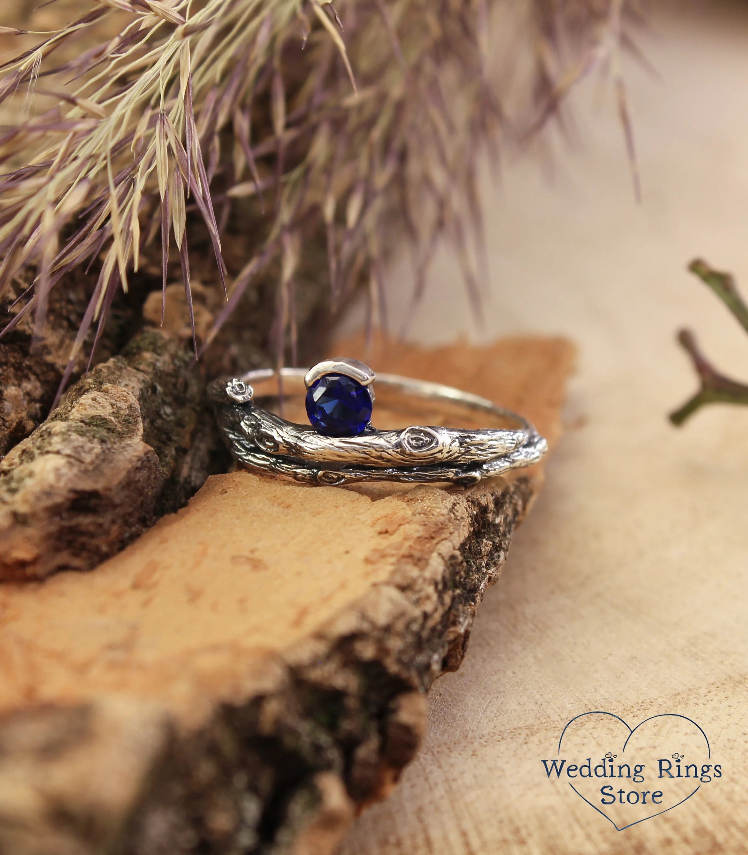 Silver Sapphire Engagement Ring Side Tension Style Setting