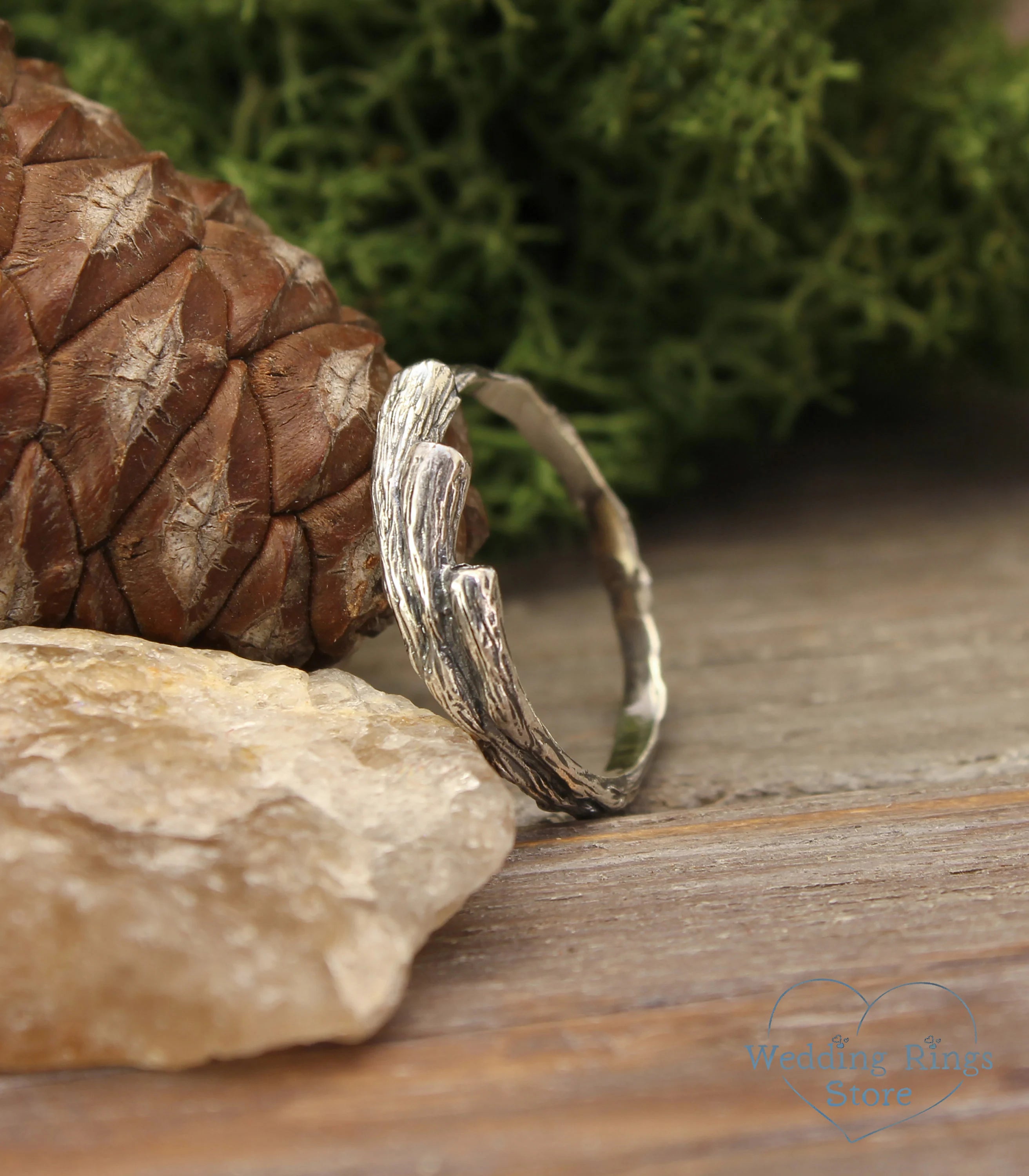 Three Small Branches Rustic Silver Wedding Ring