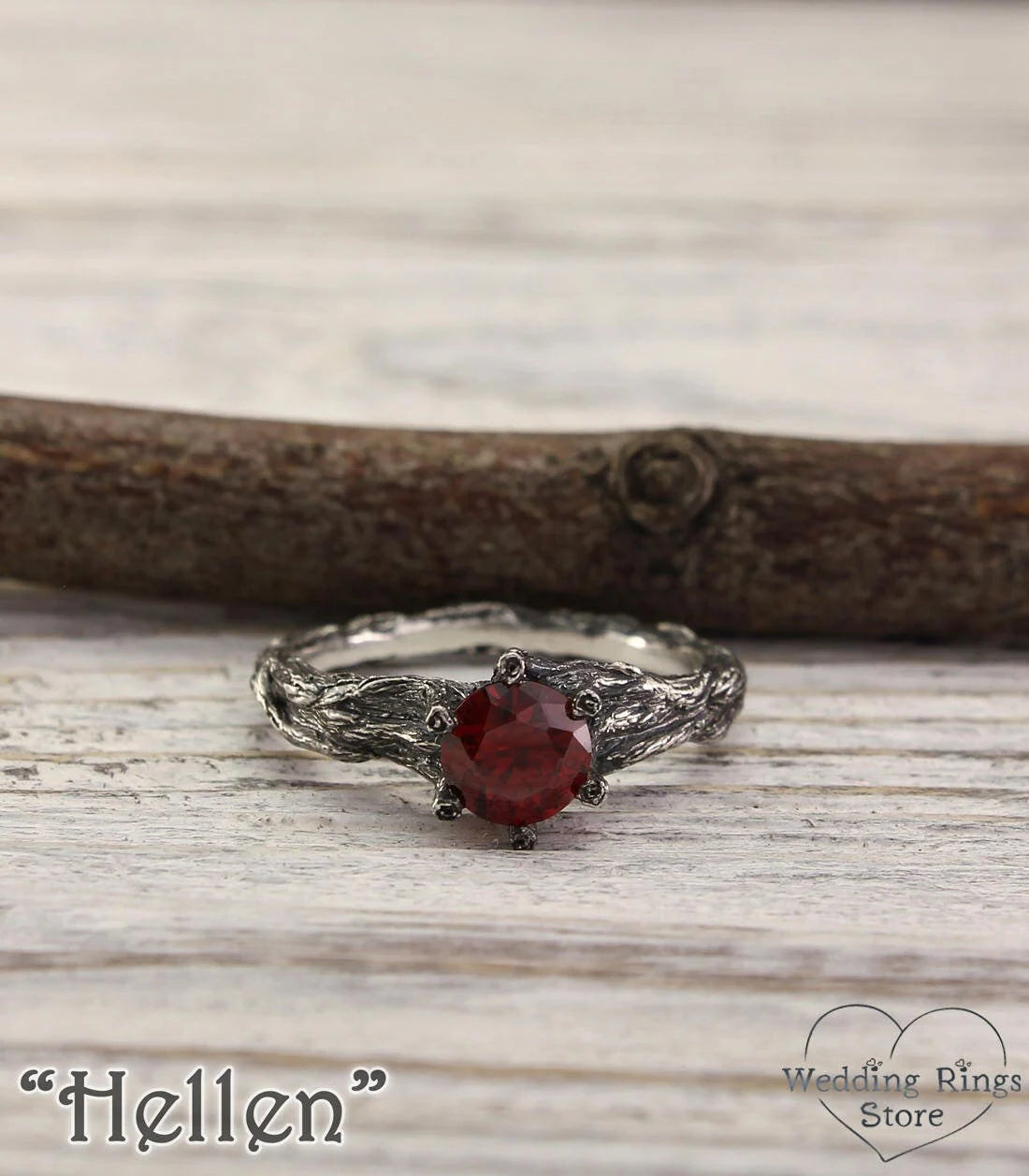 Garnet in Unique Tree textured Branch Engagement Ring