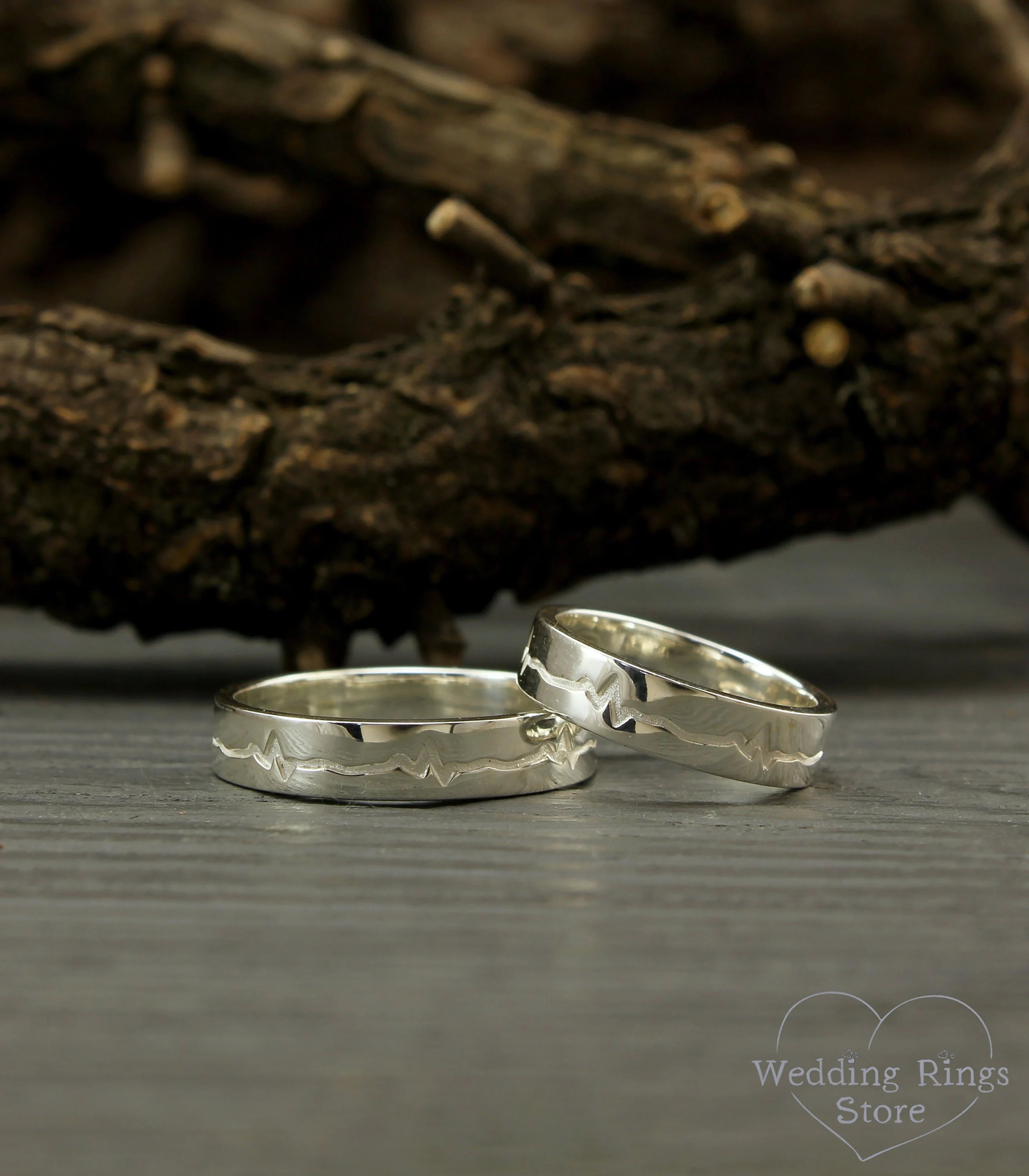 Silver matching Heartbeat Couple Wedding & Promise Rings