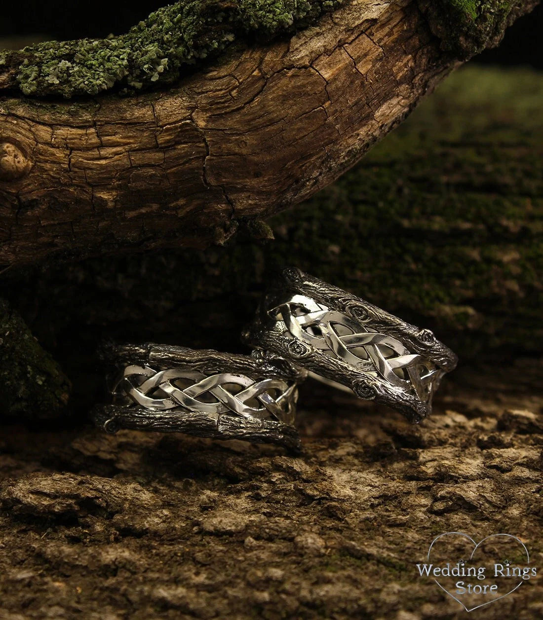 Braided and Tree Bark Celtic Wedding Bands Set