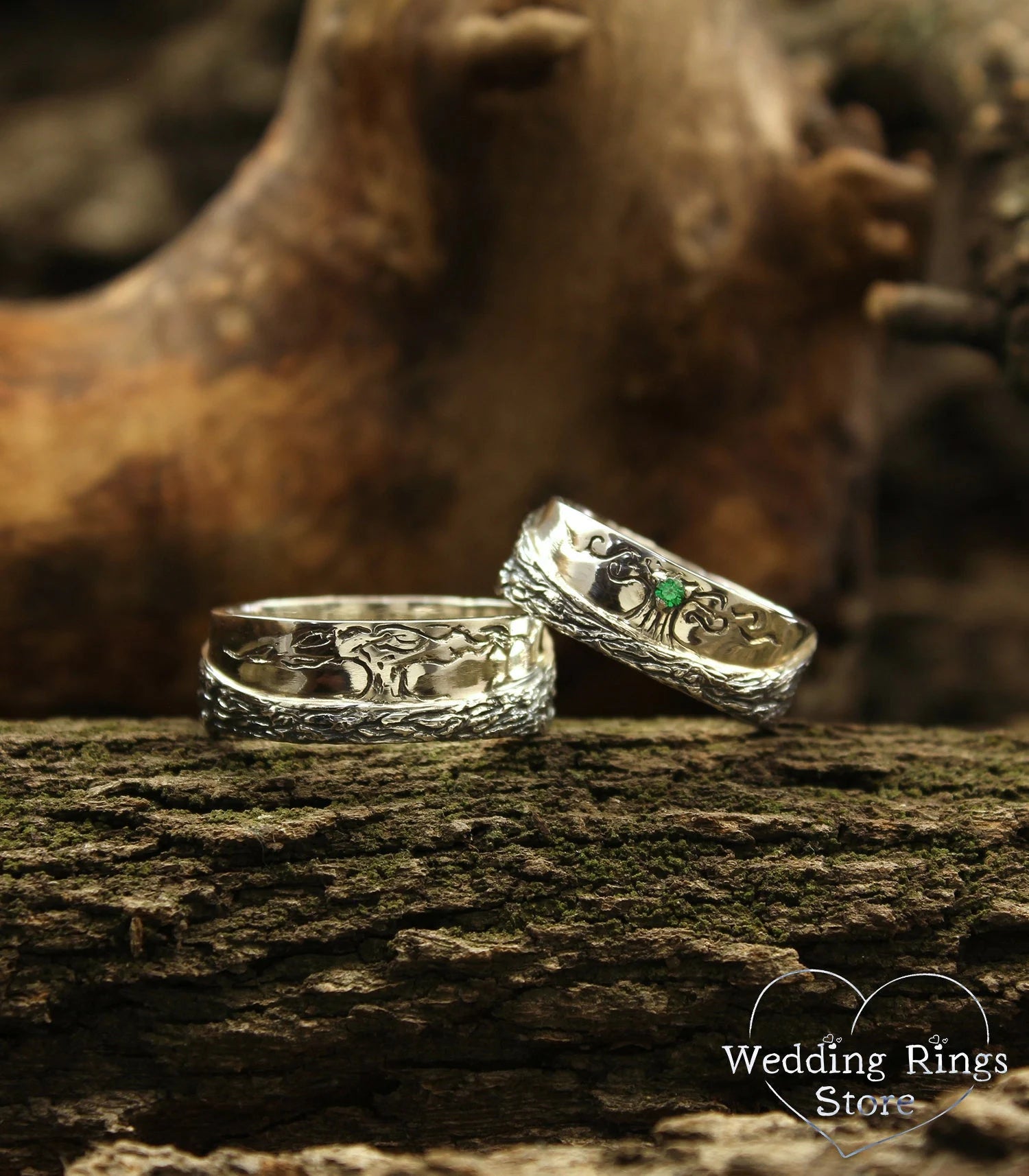 Family Tree matching Wedding Bands with Emerald