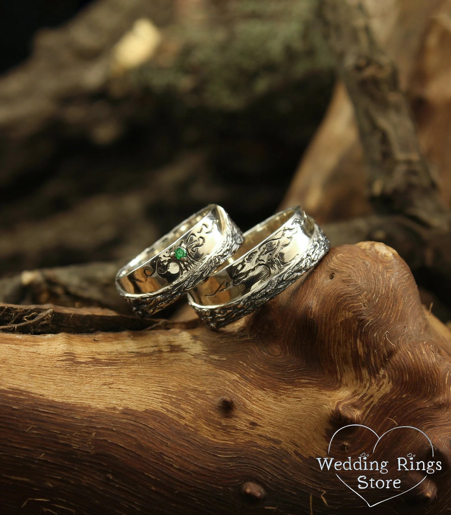 Family Tree matching Wedding Bands with Emerald