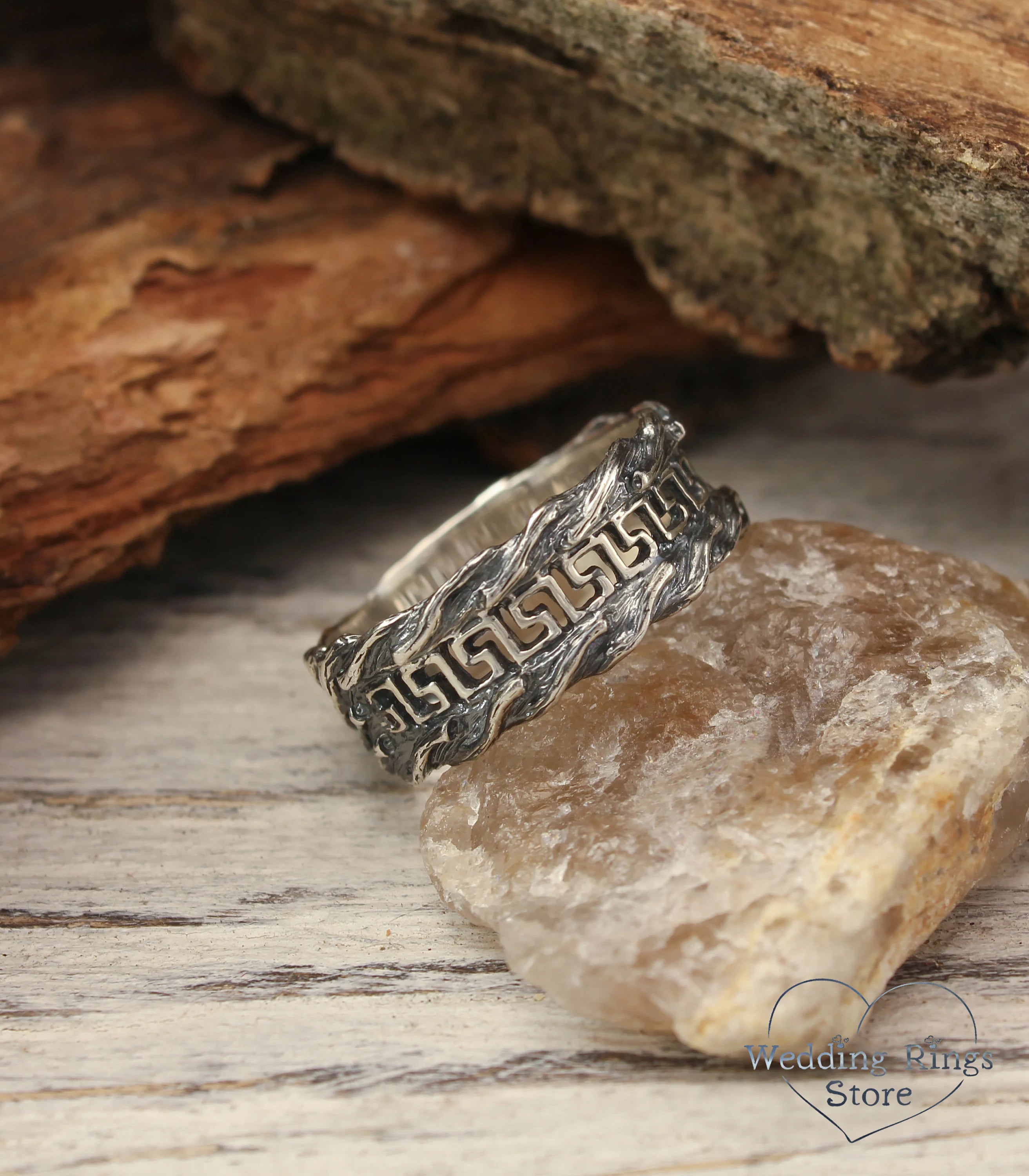 Men's Greek key & Tree bark Silver Wedding Band