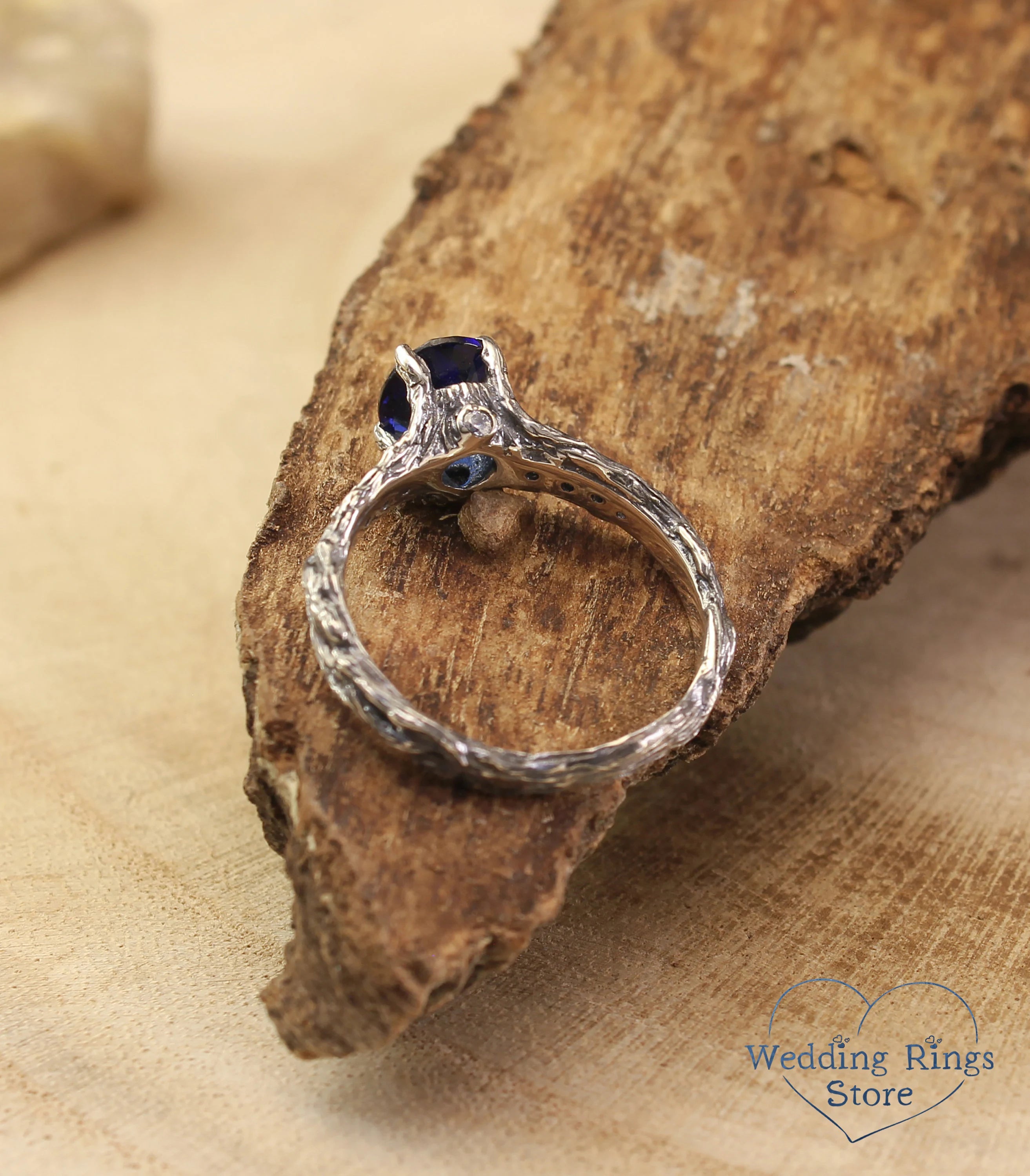 Dainty Oval Sapphire Ring – Side Stones on Silver Branch