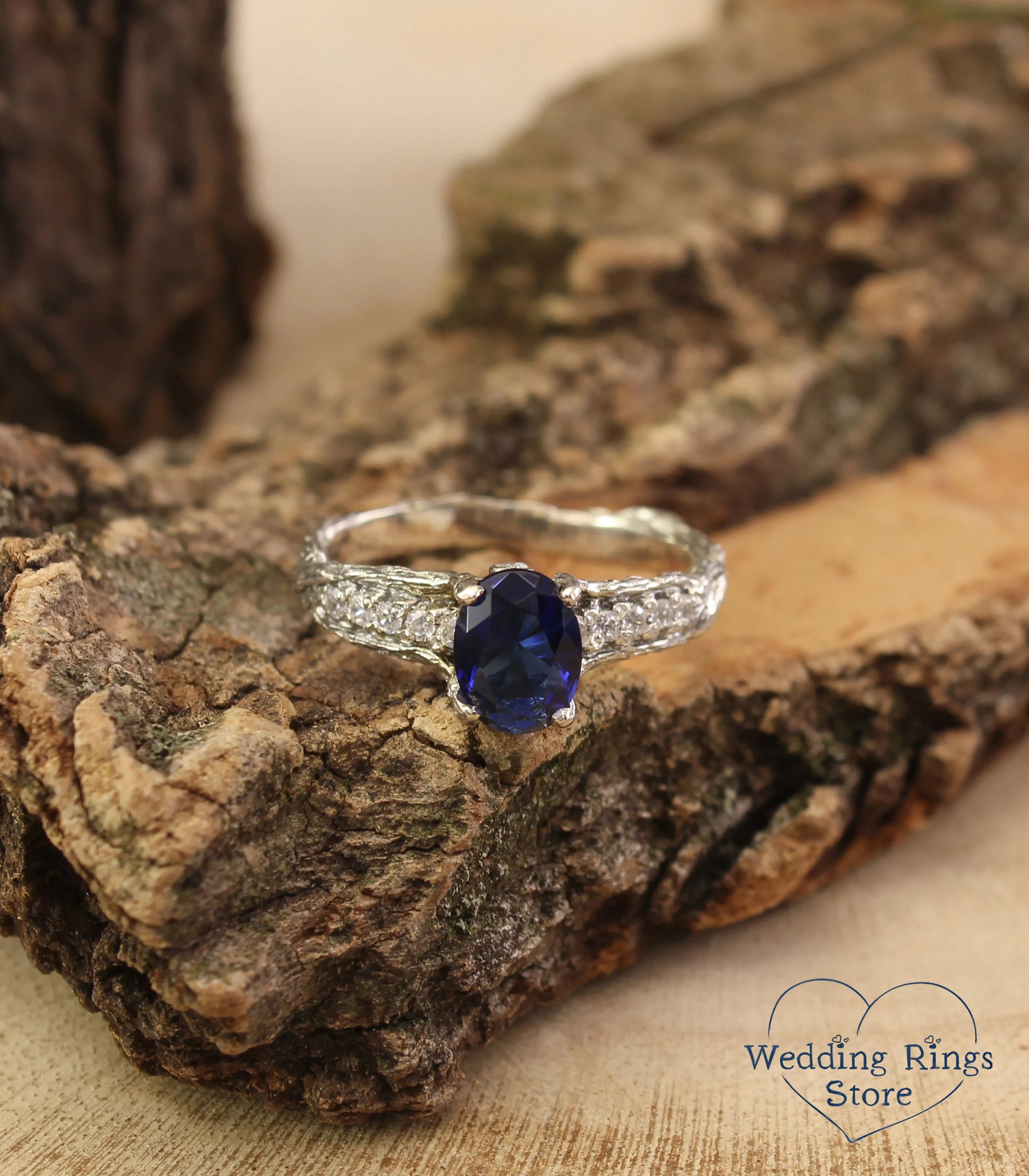 Dainty Oval Sapphire Ring – Side Stones on Silver Branch