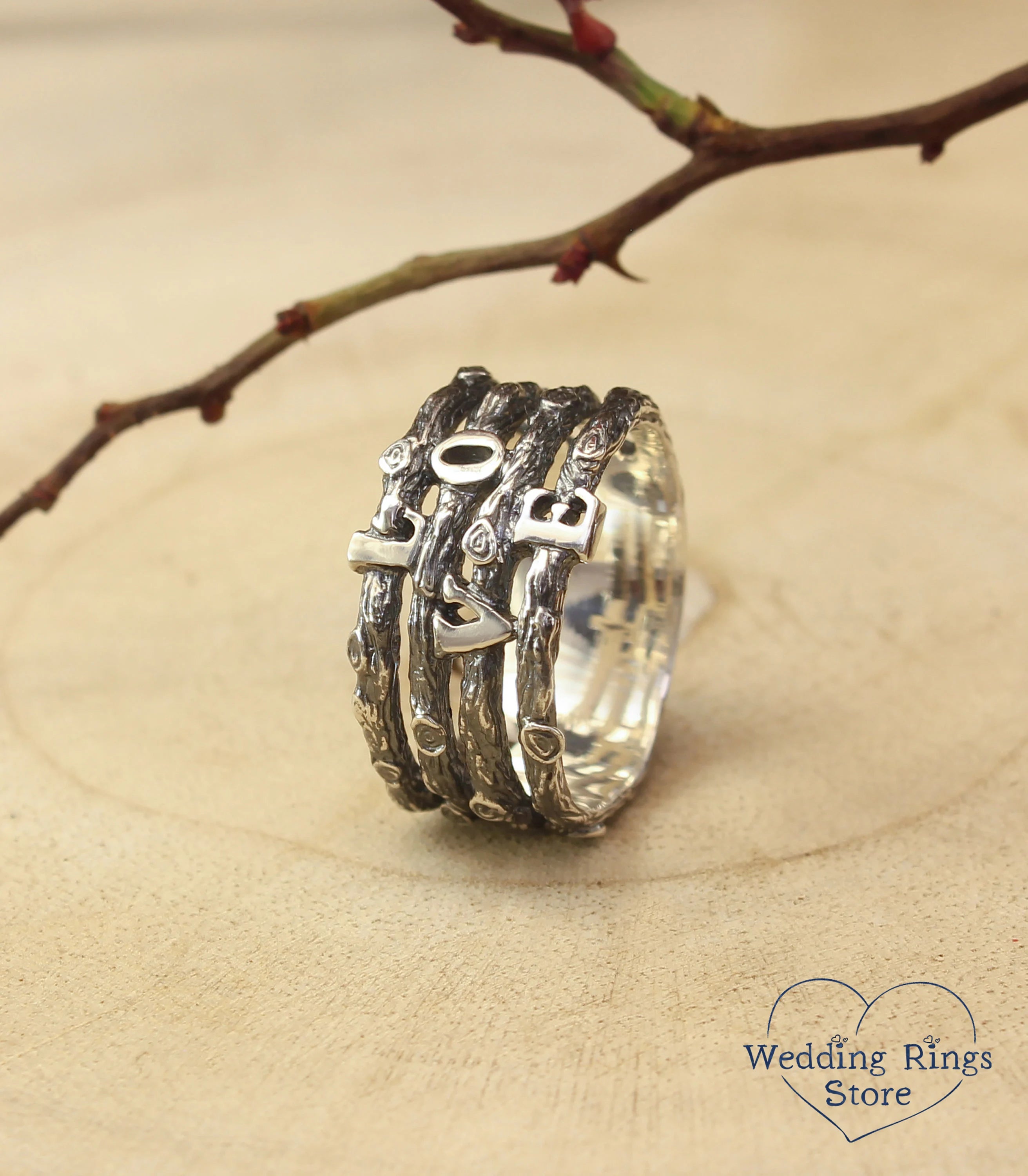 Layering Silver Branches Love Wedding Band