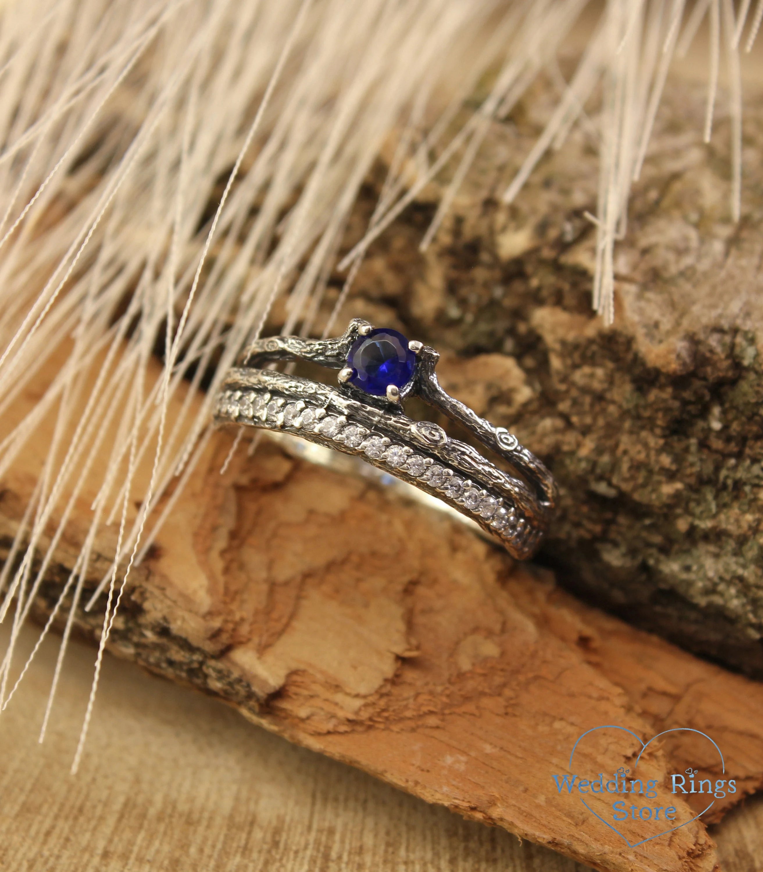 Split shank Silver Sapphire Engagement Ring with Side Stones on Twig