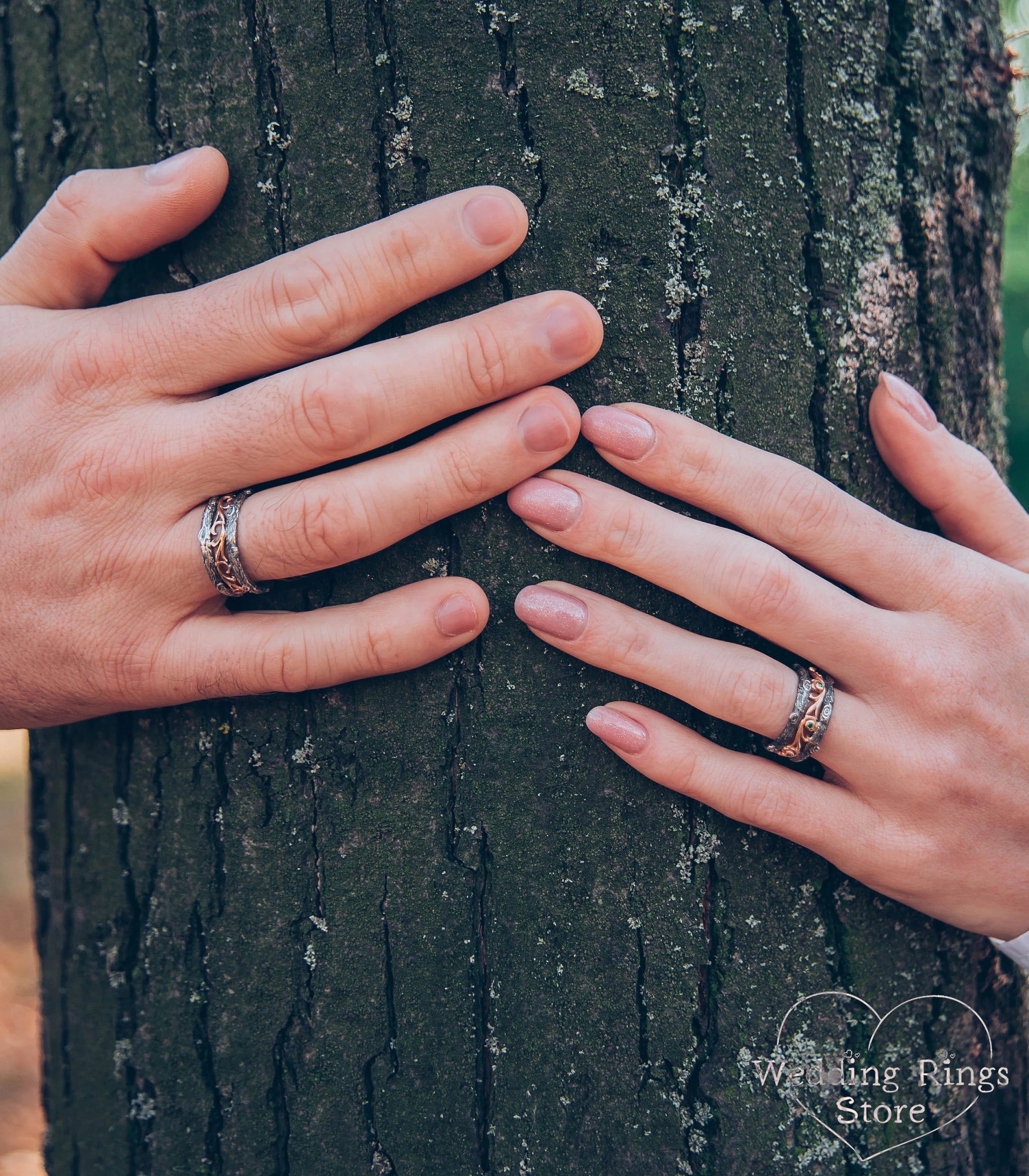 Tree styled Diamond and Vine Wedding Bands Set in Mixed metals