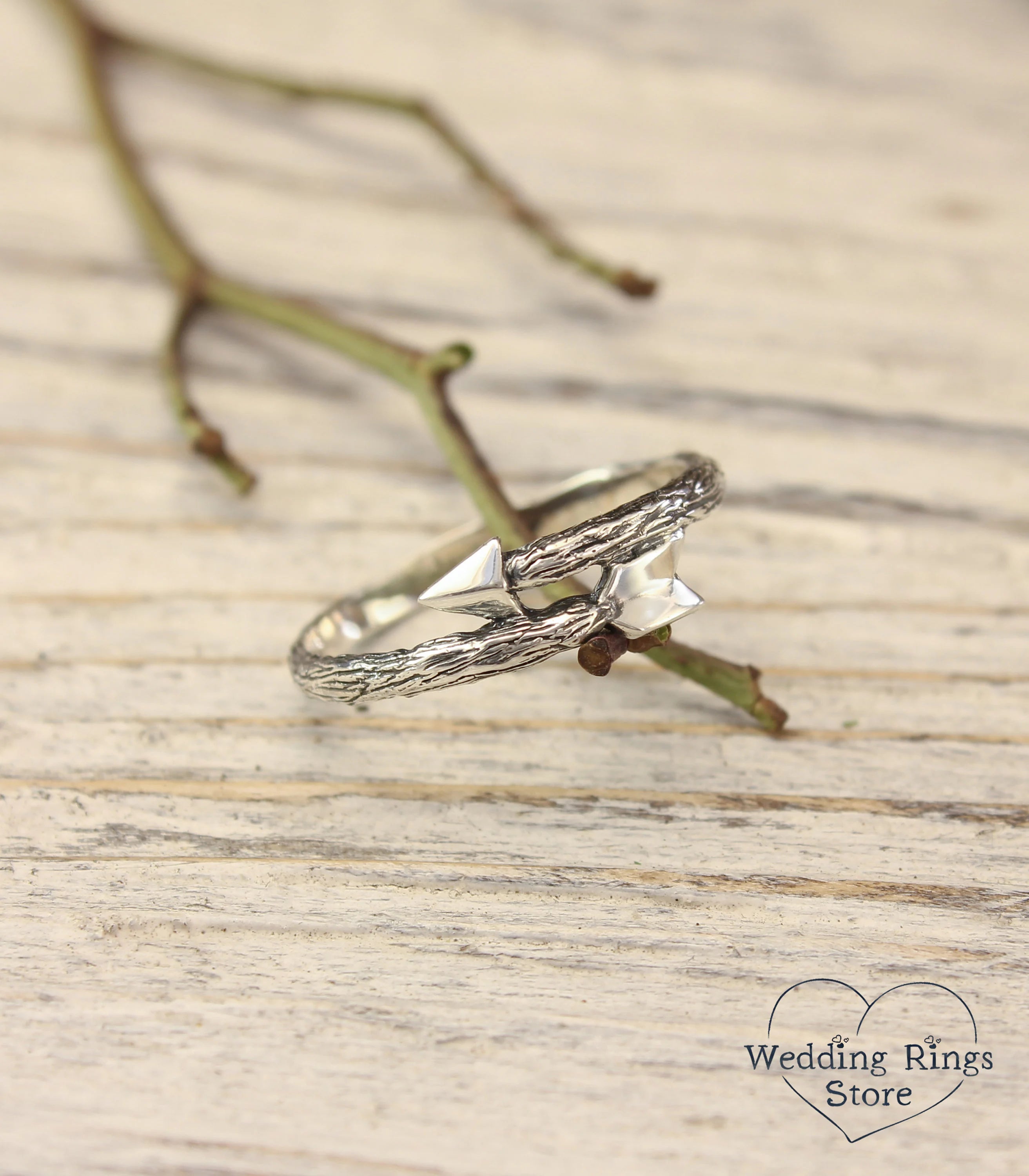 Dainty Cupid Arrow Ring in Silver Tree Bark