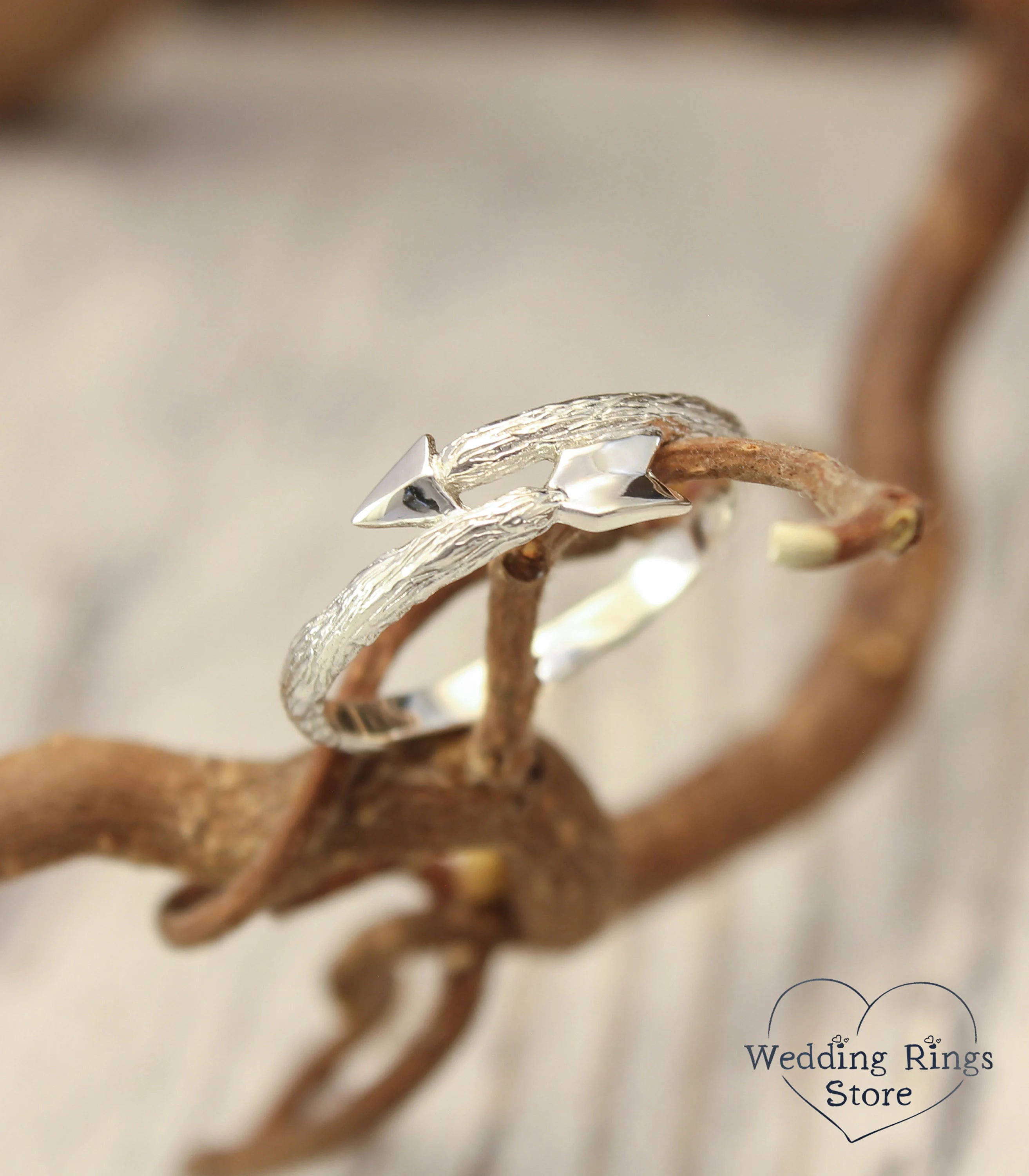 Dainty Cupid Arrow Ring in Silver Tree Bark