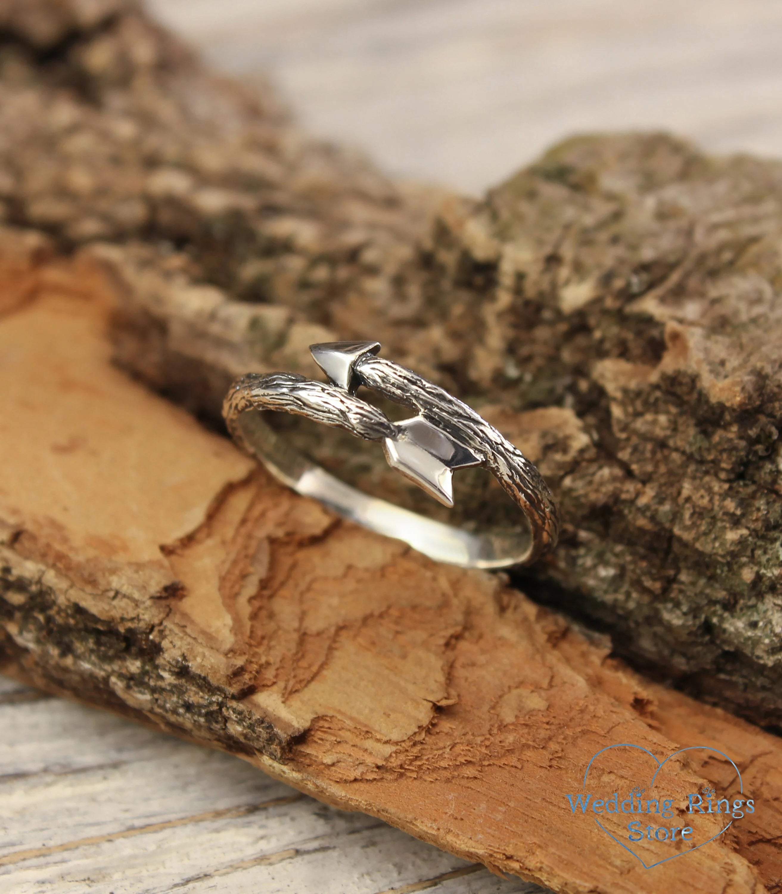 Dainty Cupid Arrow Ring in Silver Tree Bark