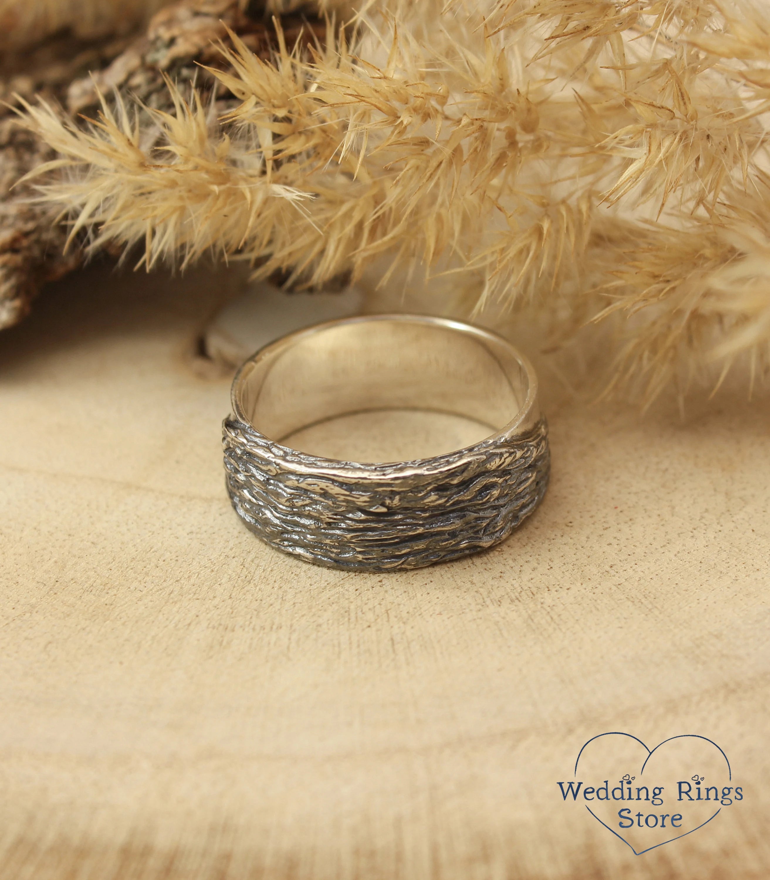 Engraved Tree and Woodbark Silver Men's Wedding Band