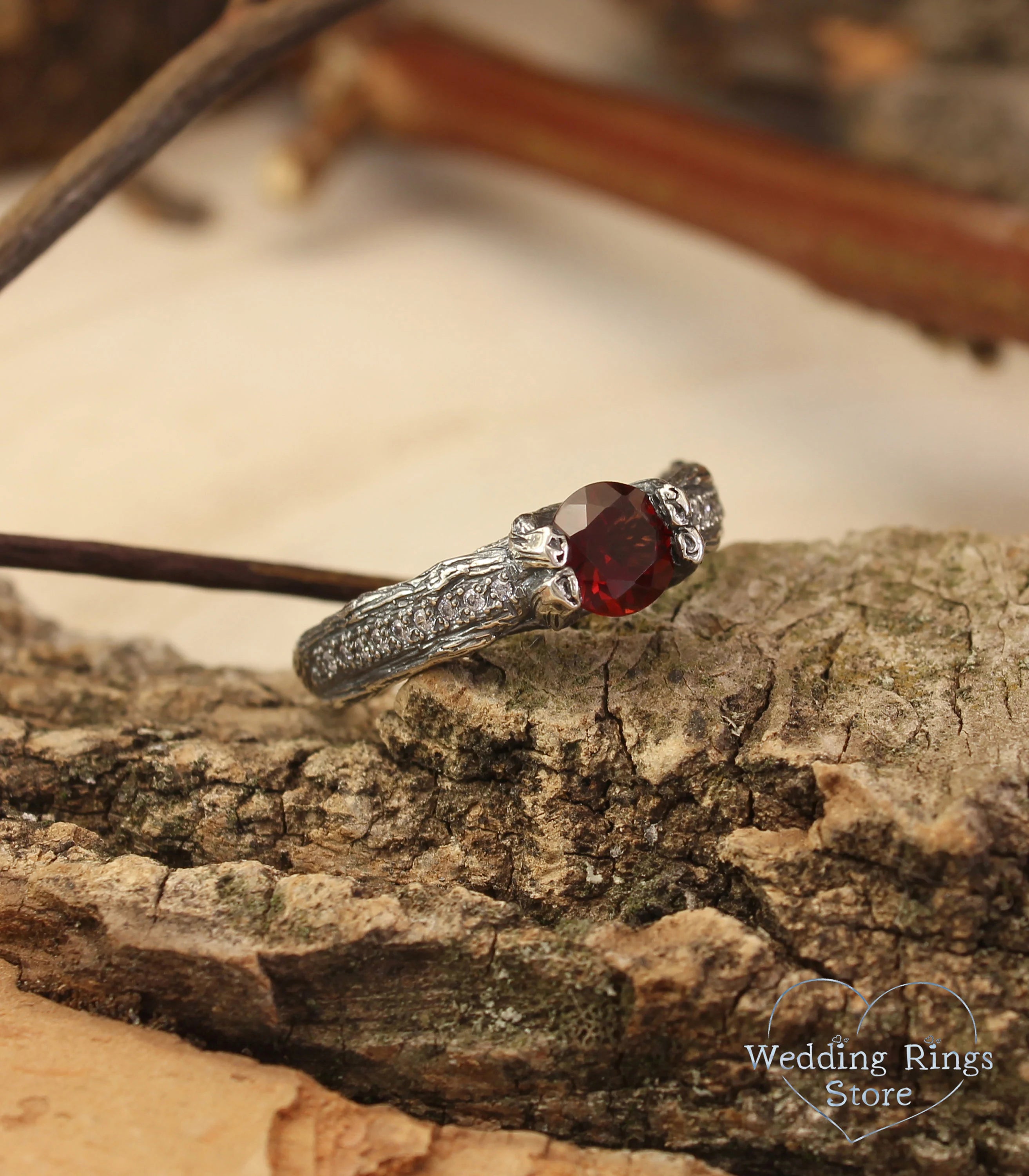 Round Garnet Engagement Ring Silver Branch & CZ Accents