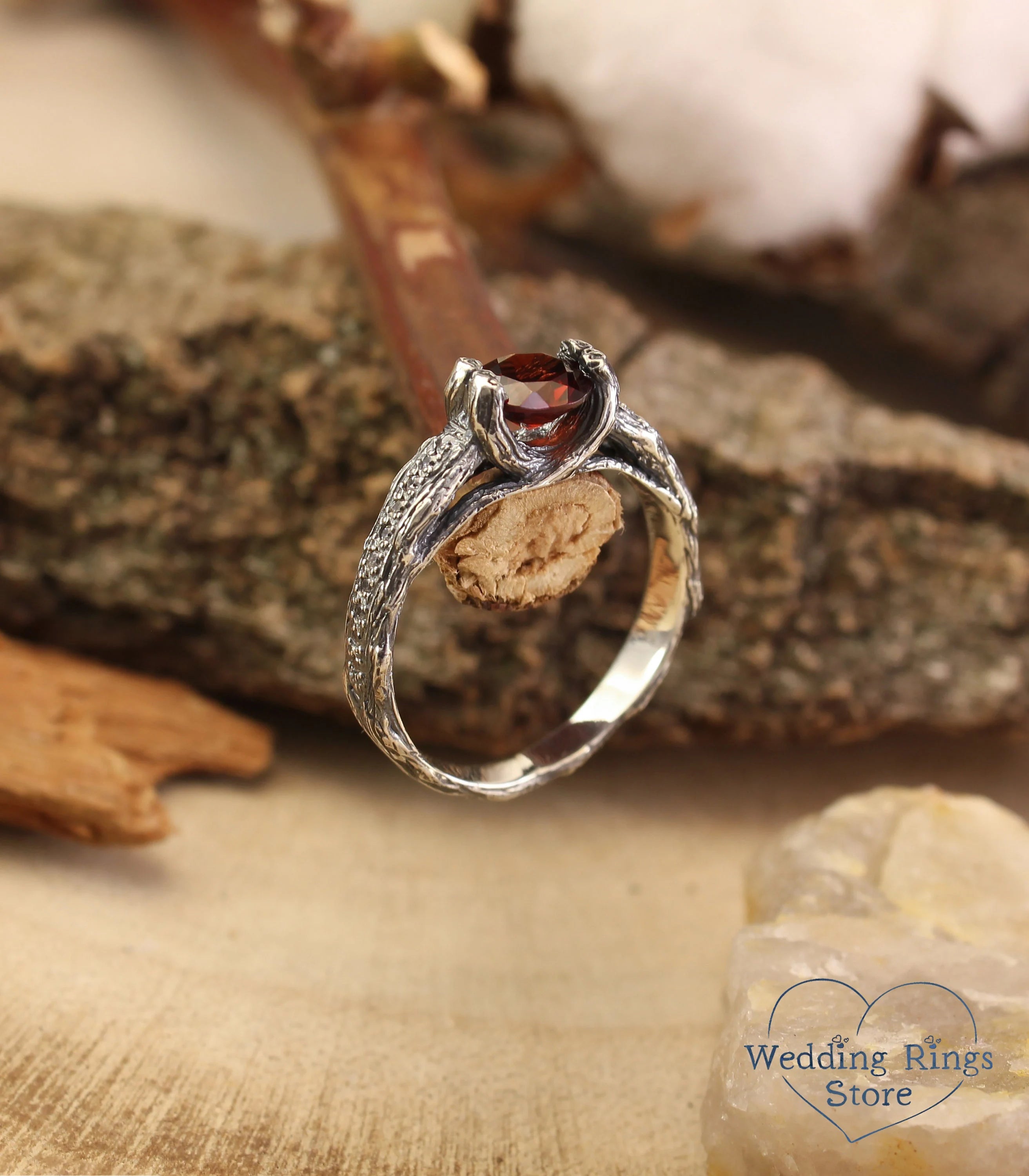 Round Garnet Engagement Ring Silver Branch & CZ Accents