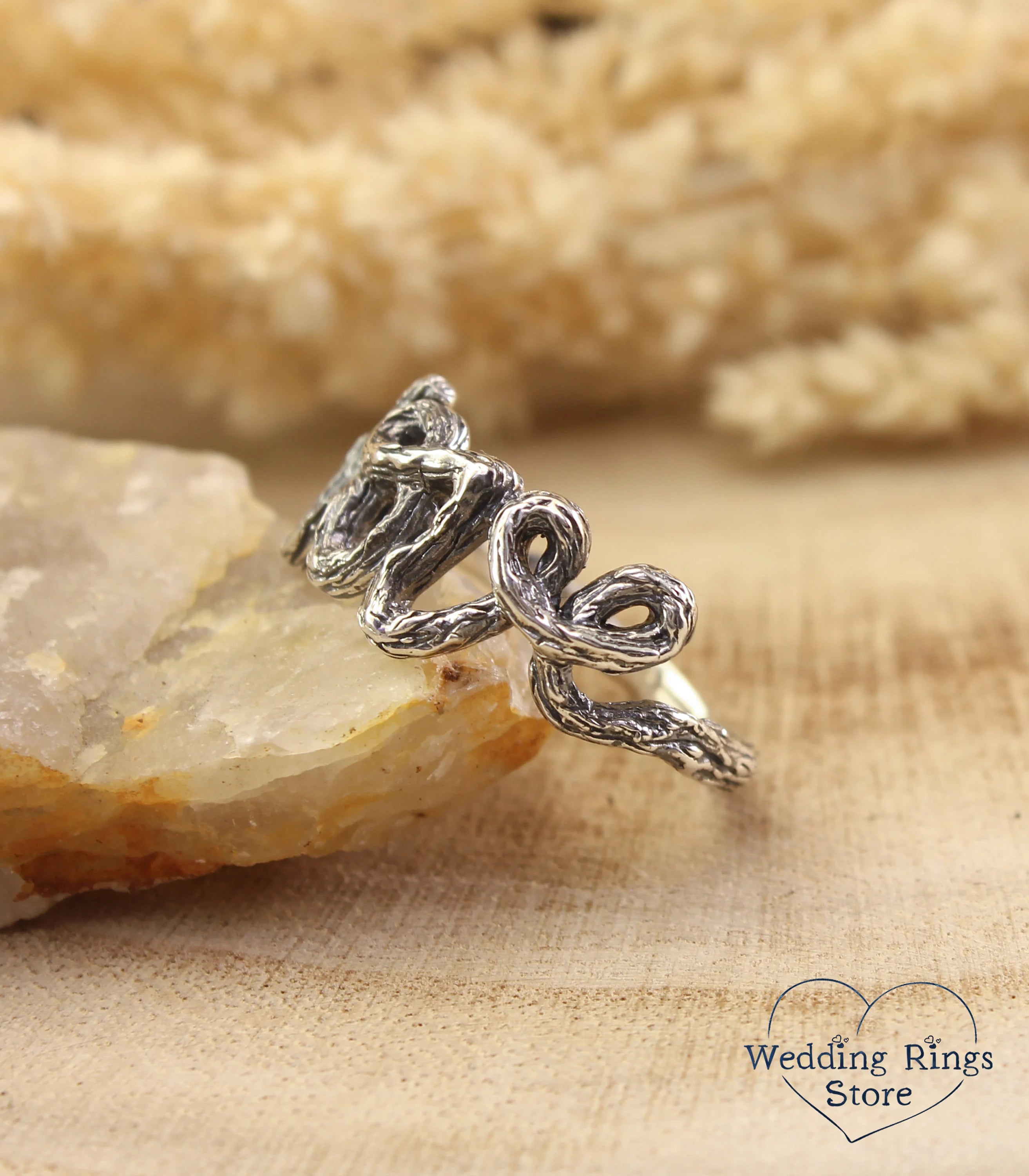 Unique Silver Branch Love Wedding Ring in Rustic Style