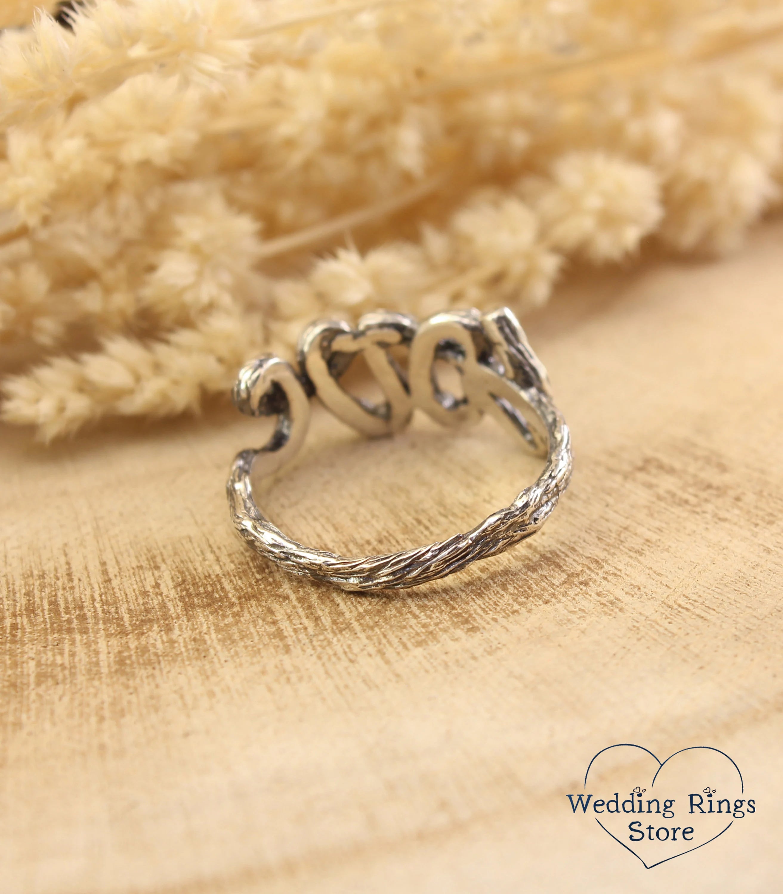 Unique Silver Branch Love Wedding Ring in Rustic Style