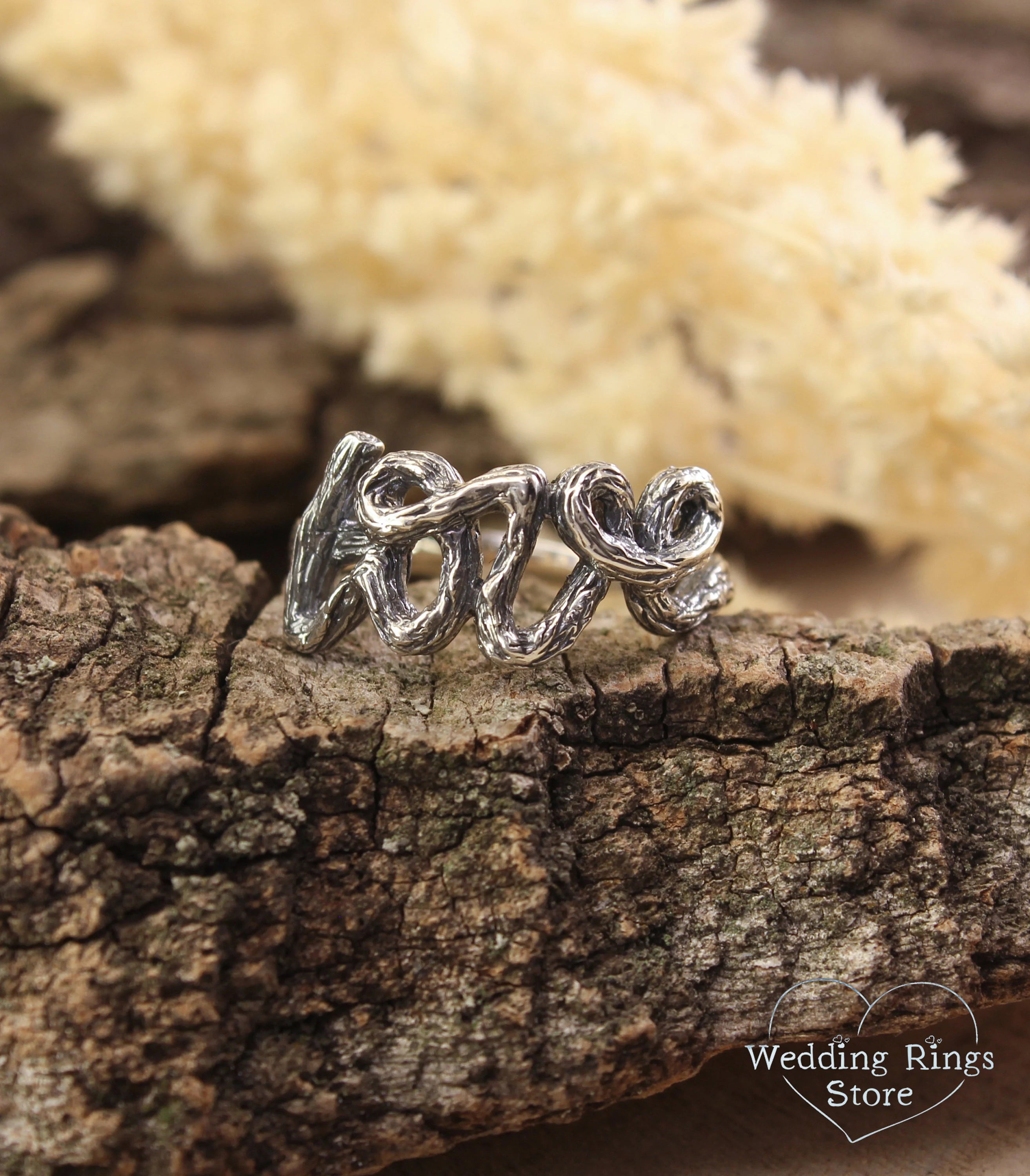 Unique Silver Branch Love Wedding Ring in Rustic Style