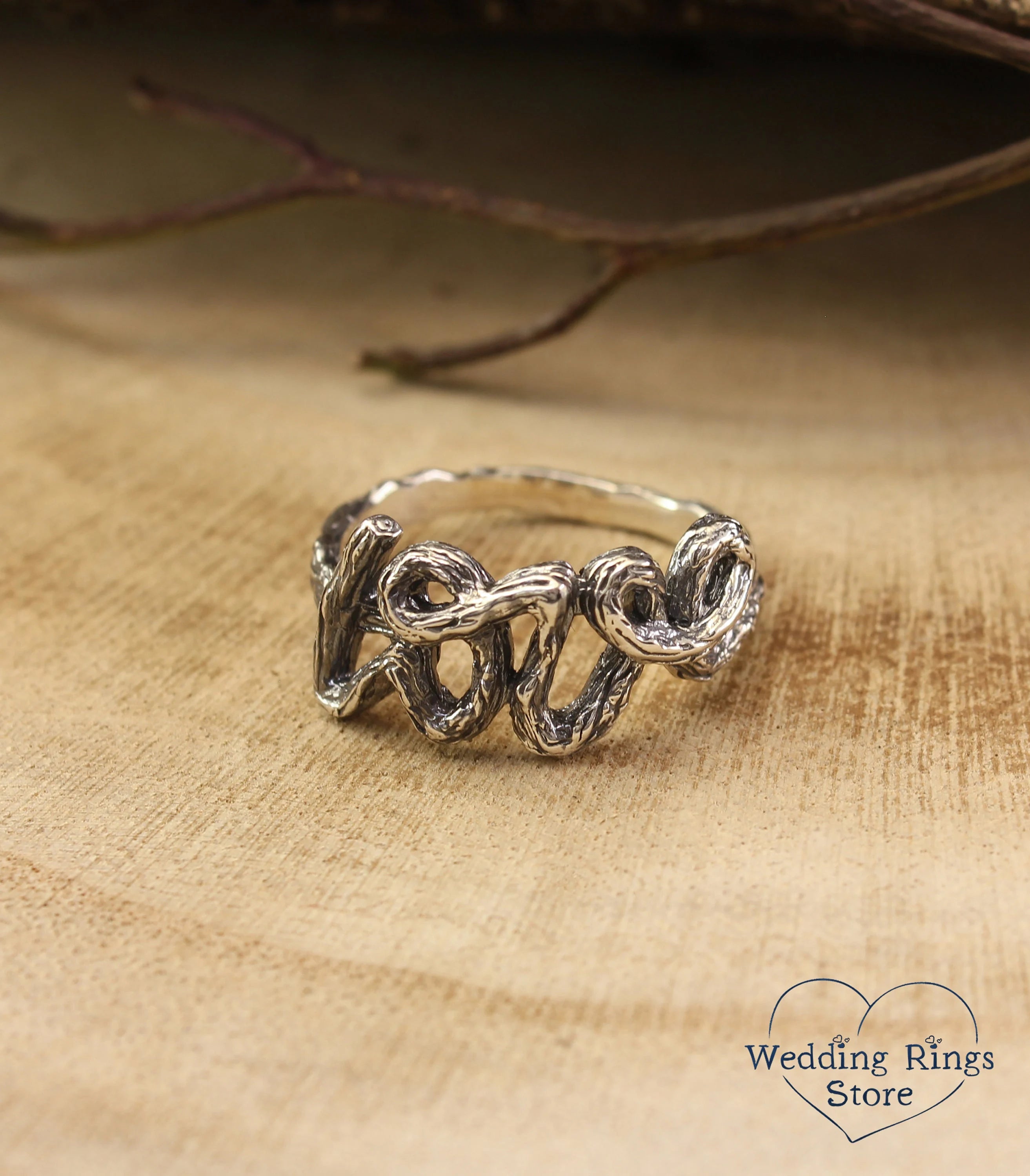 Unique Silver Branch Love Wedding Ring in Rustic Style