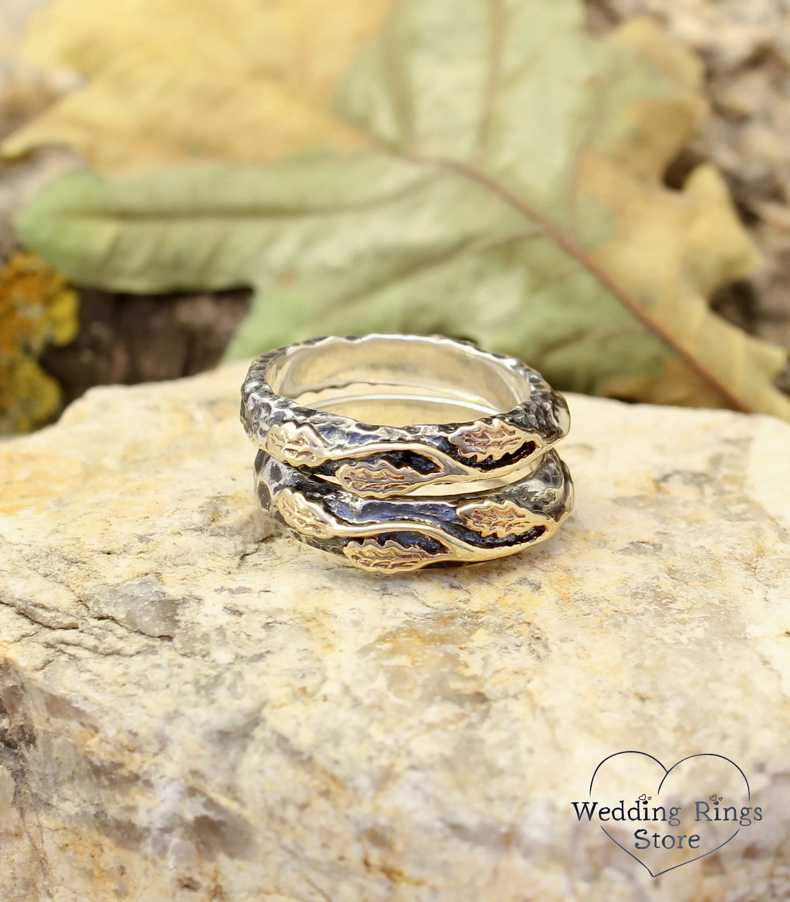 Golden Oak Leaves Silver matching Wedding Bands Set