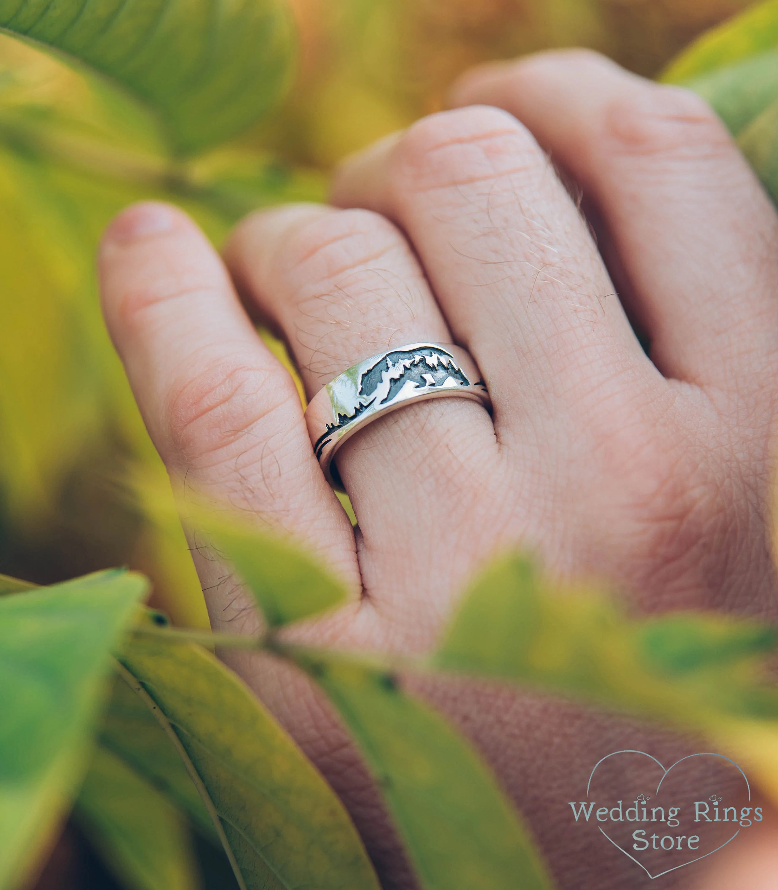 Wide Sterling Silver Band with Bear — Animal Ring