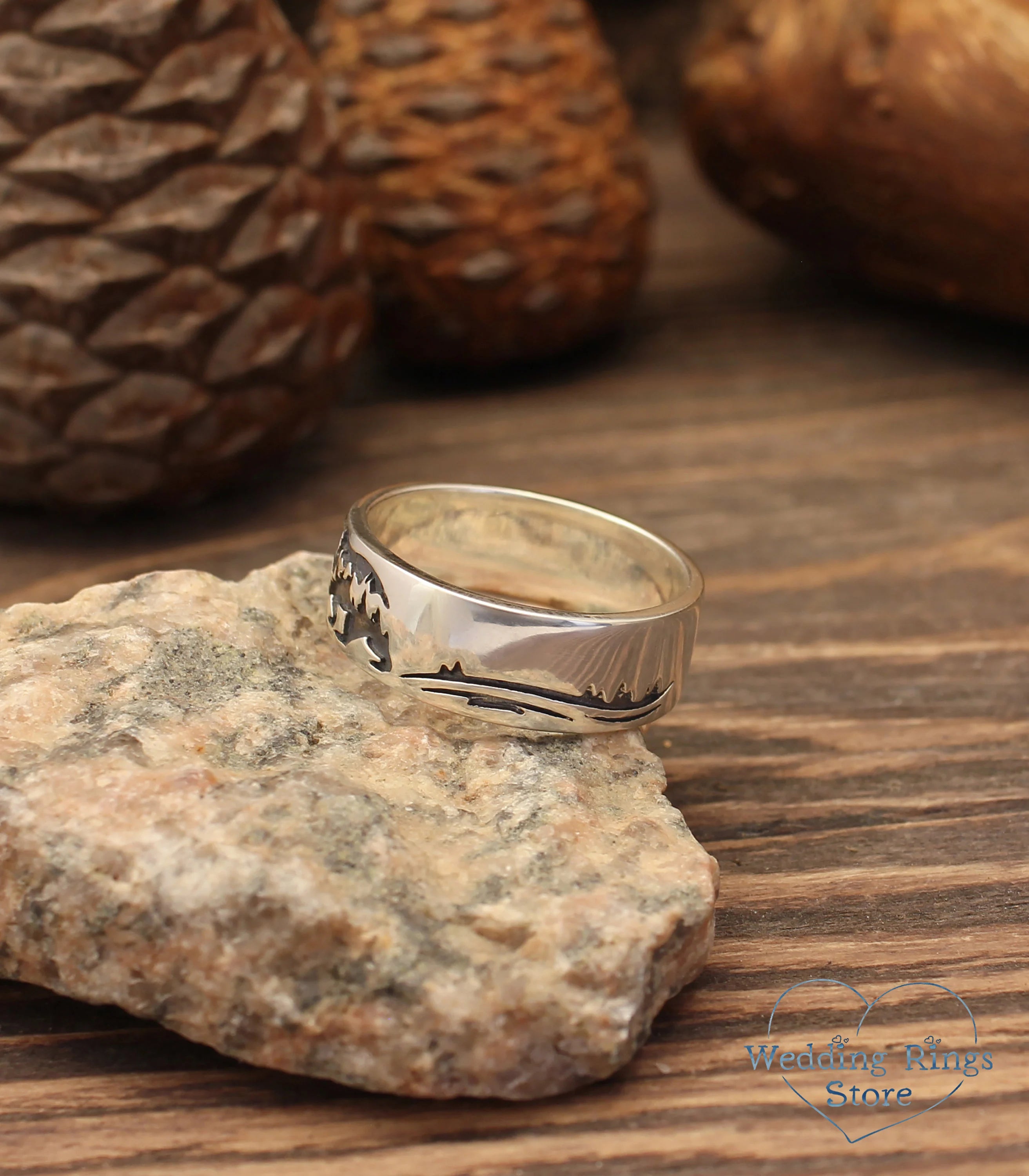 Wide Sterling Silver Band with Bear — Animal Ring