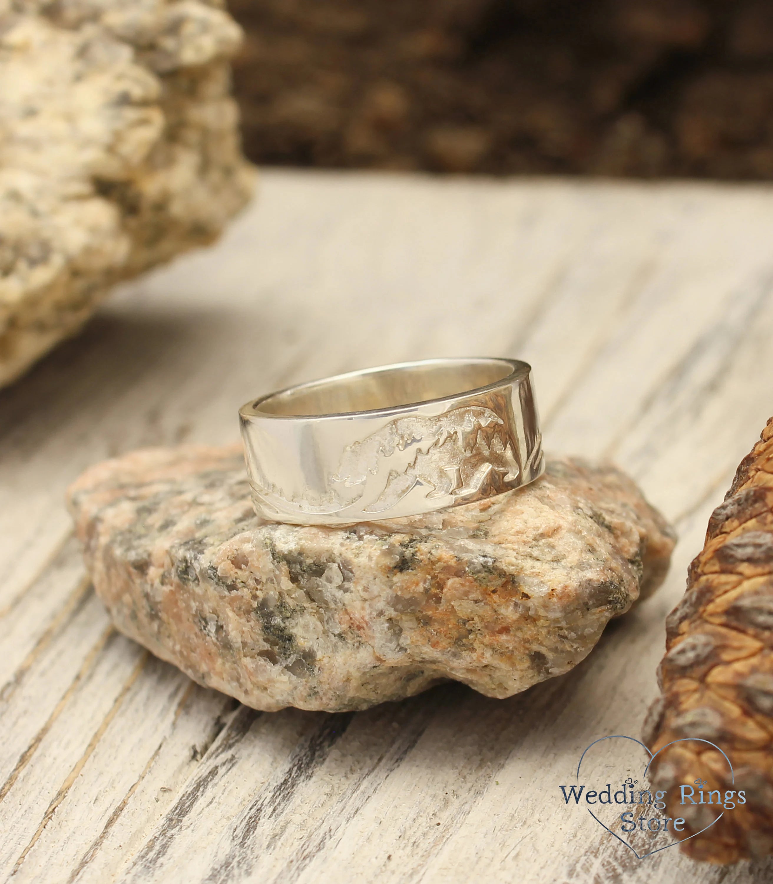 Wide Sterling Silver Band with Bear — Animal Ring