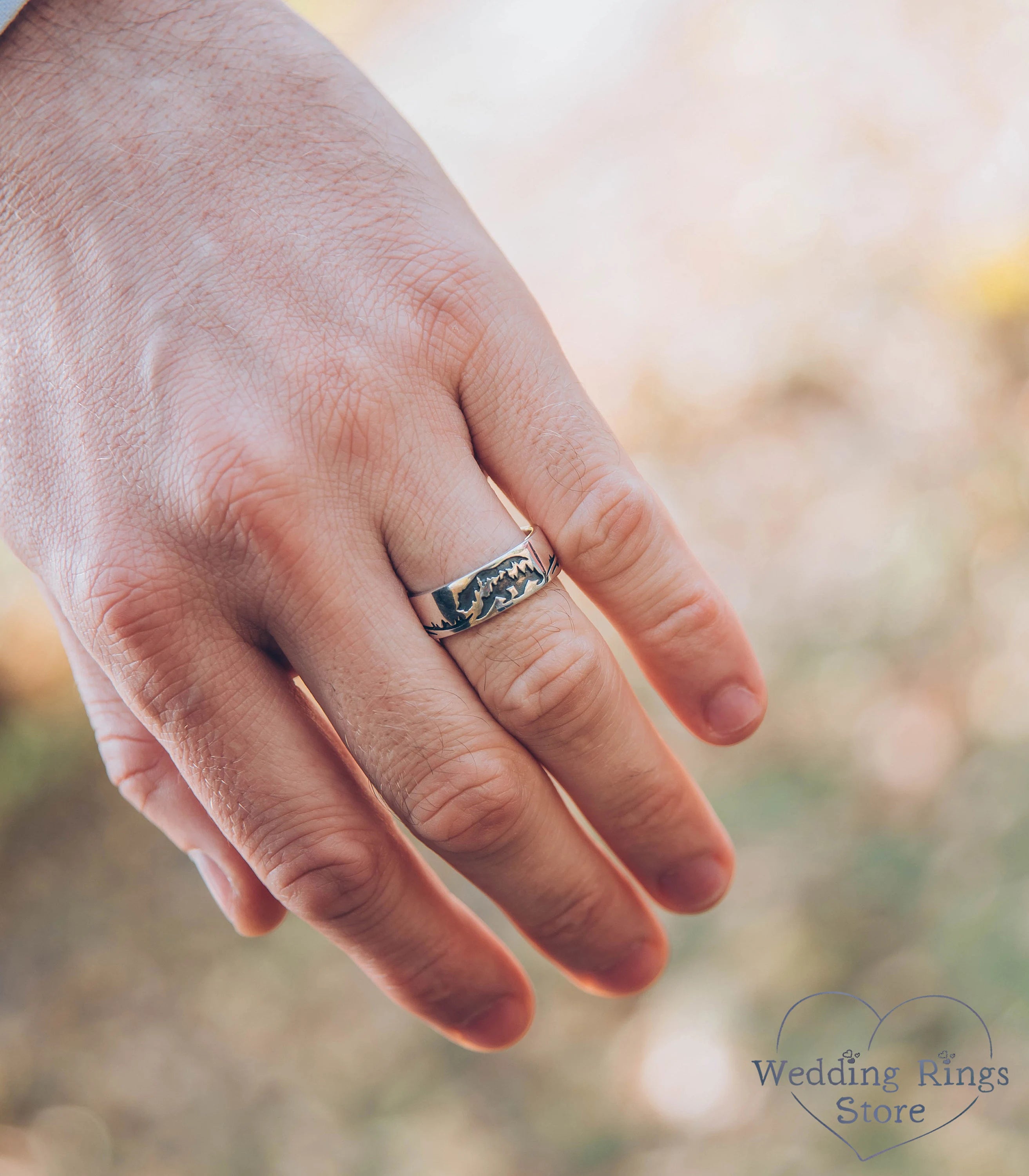 Wide Sterling Silver Band with Bear — Animal Ring