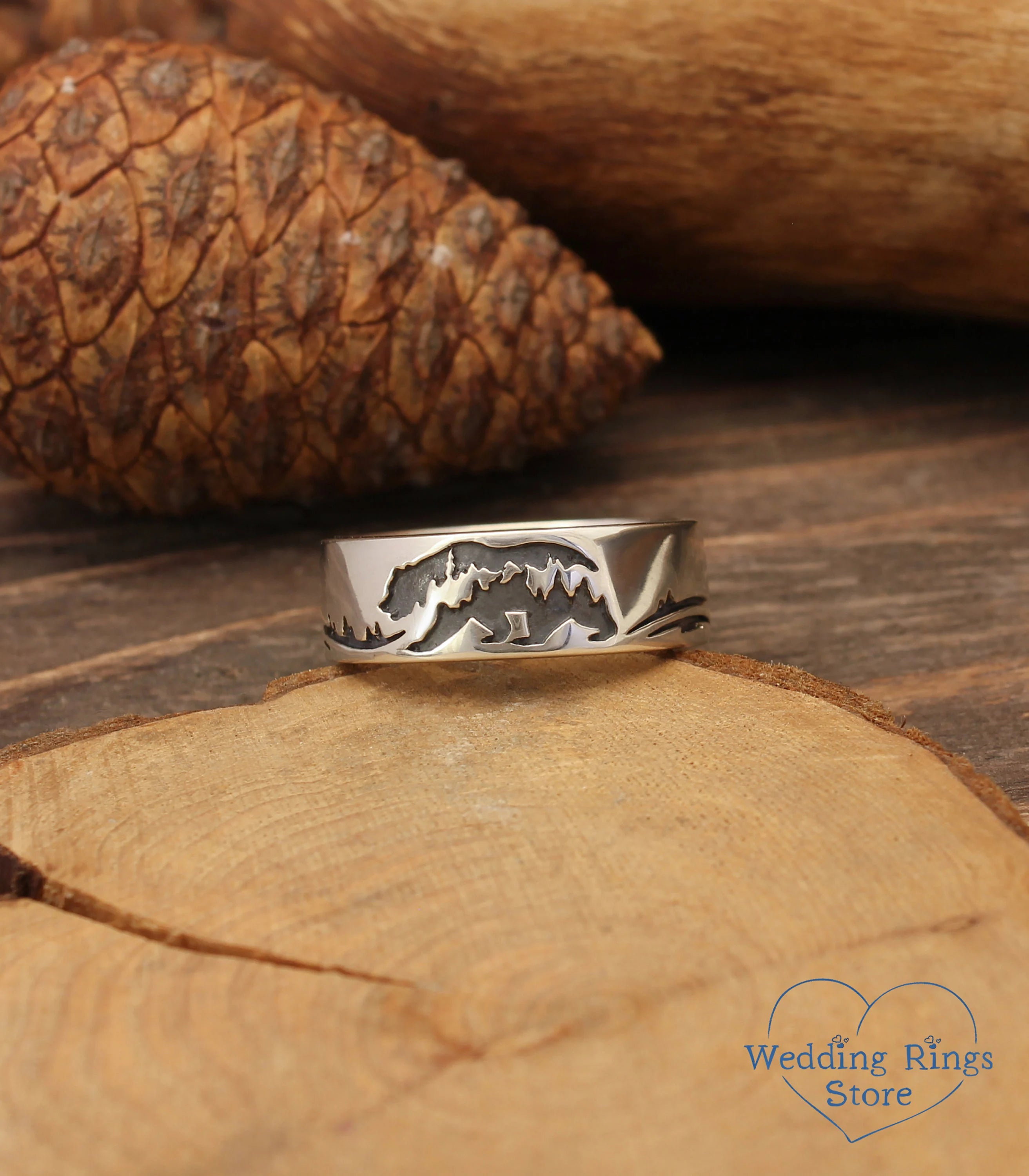 Wide Sterling Silver Band with Bear — Animal Ring