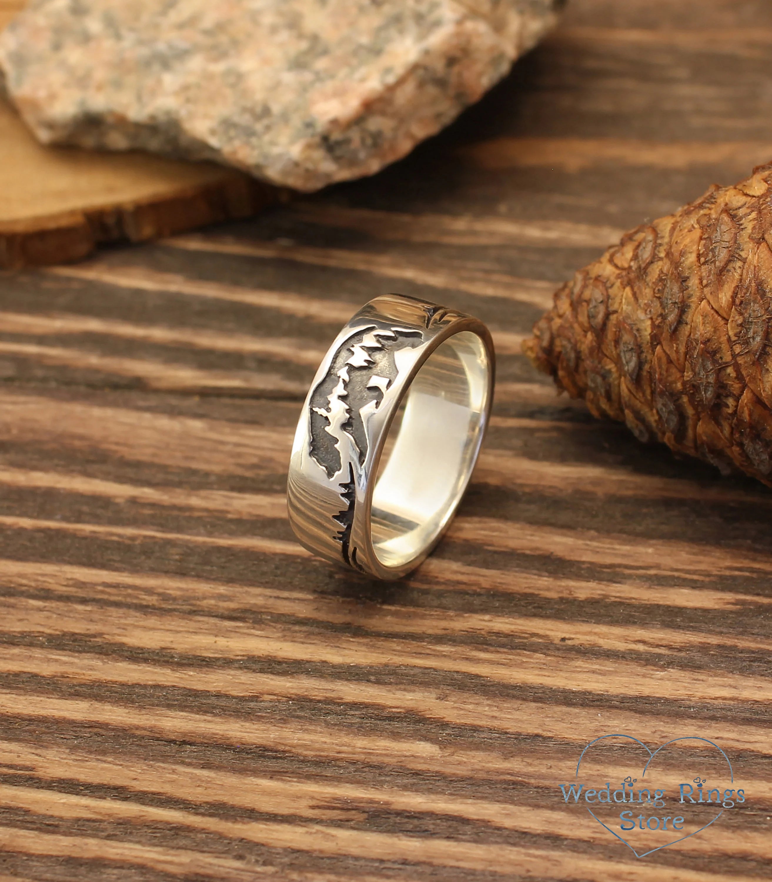 Wide Sterling Silver Band with Bear — Animal Ring