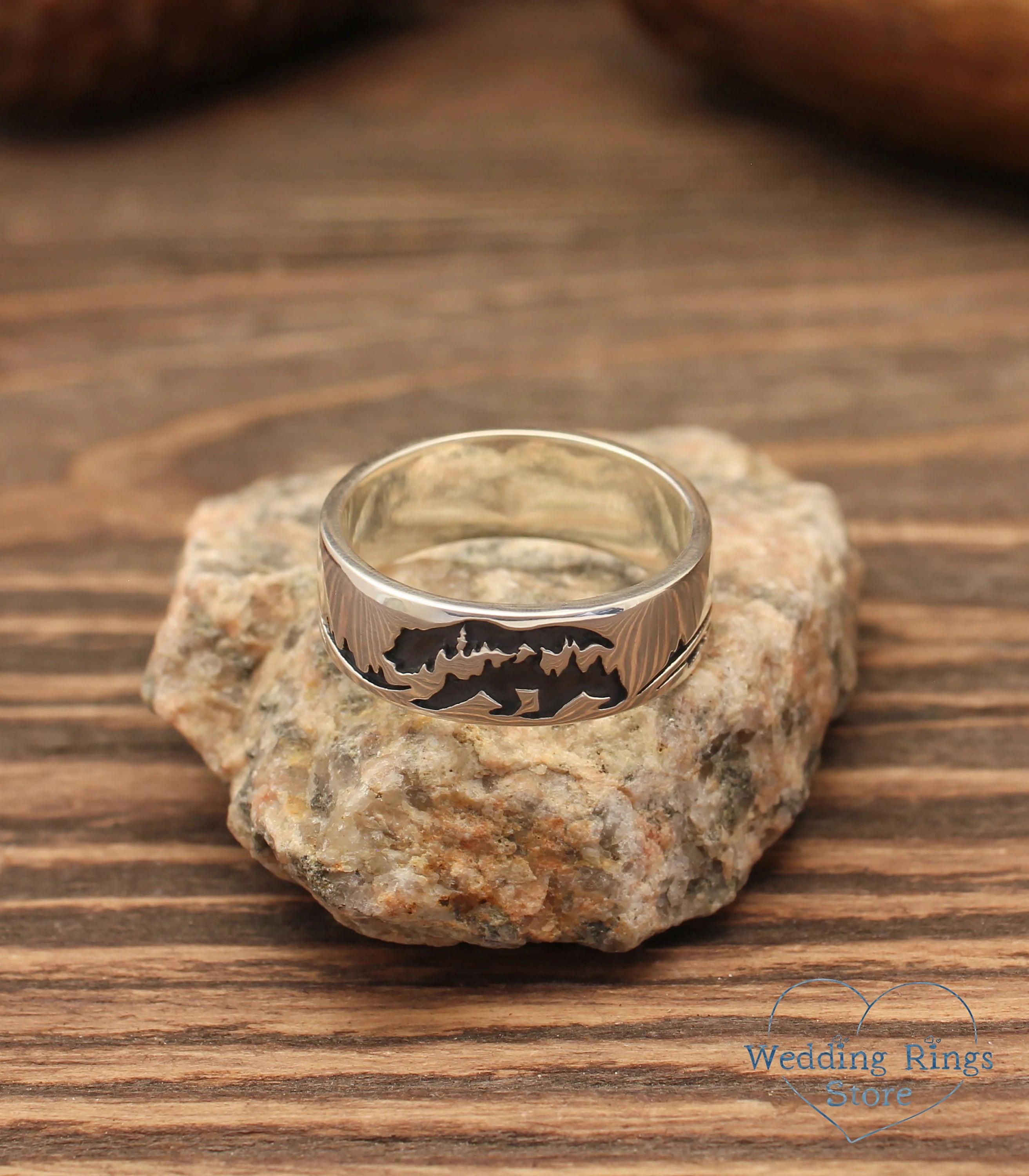 Wide Sterling Silver Band with Bear — Animal Ring