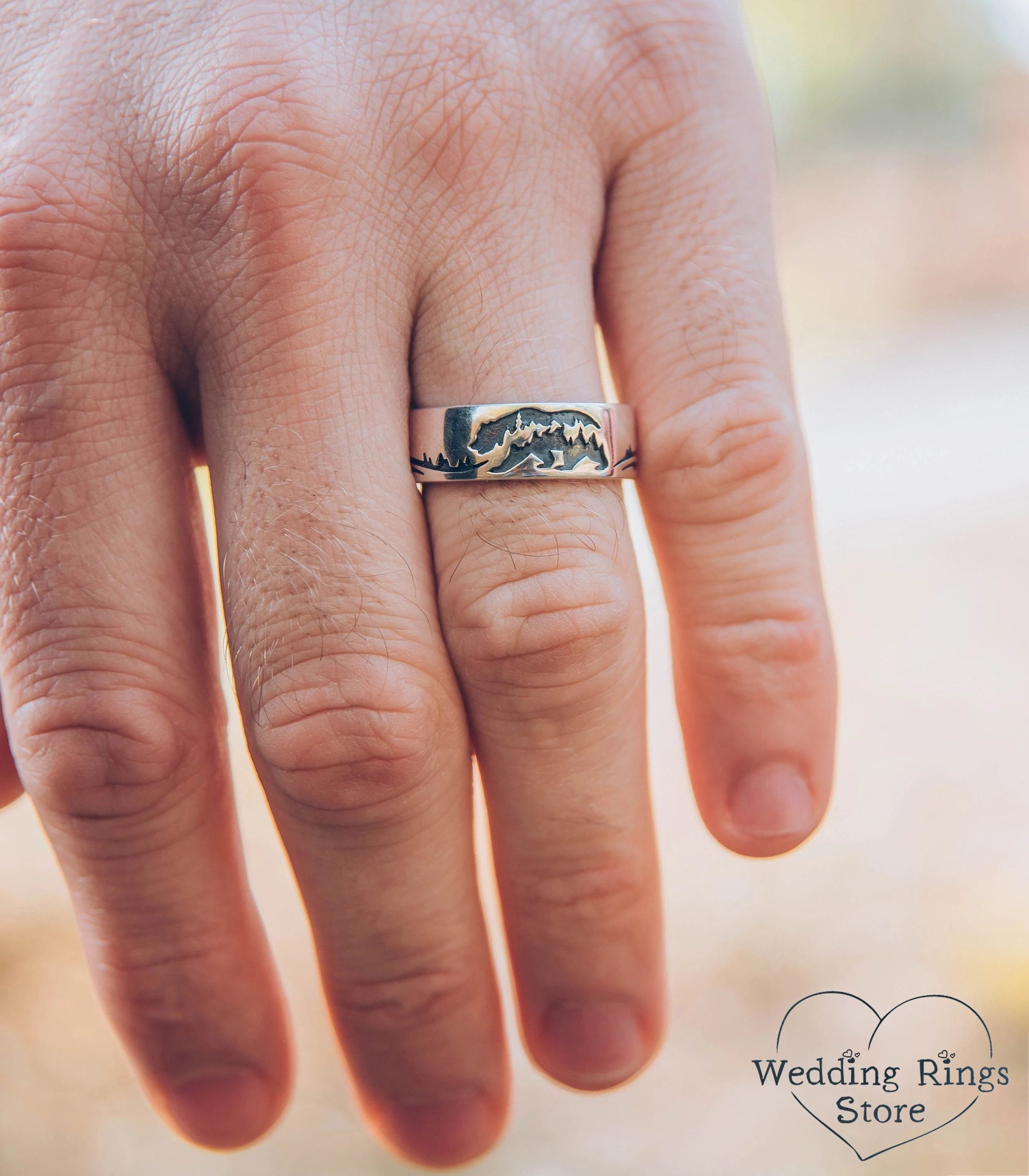 Wide Sterling Silver Band with Bear — Animal Ring