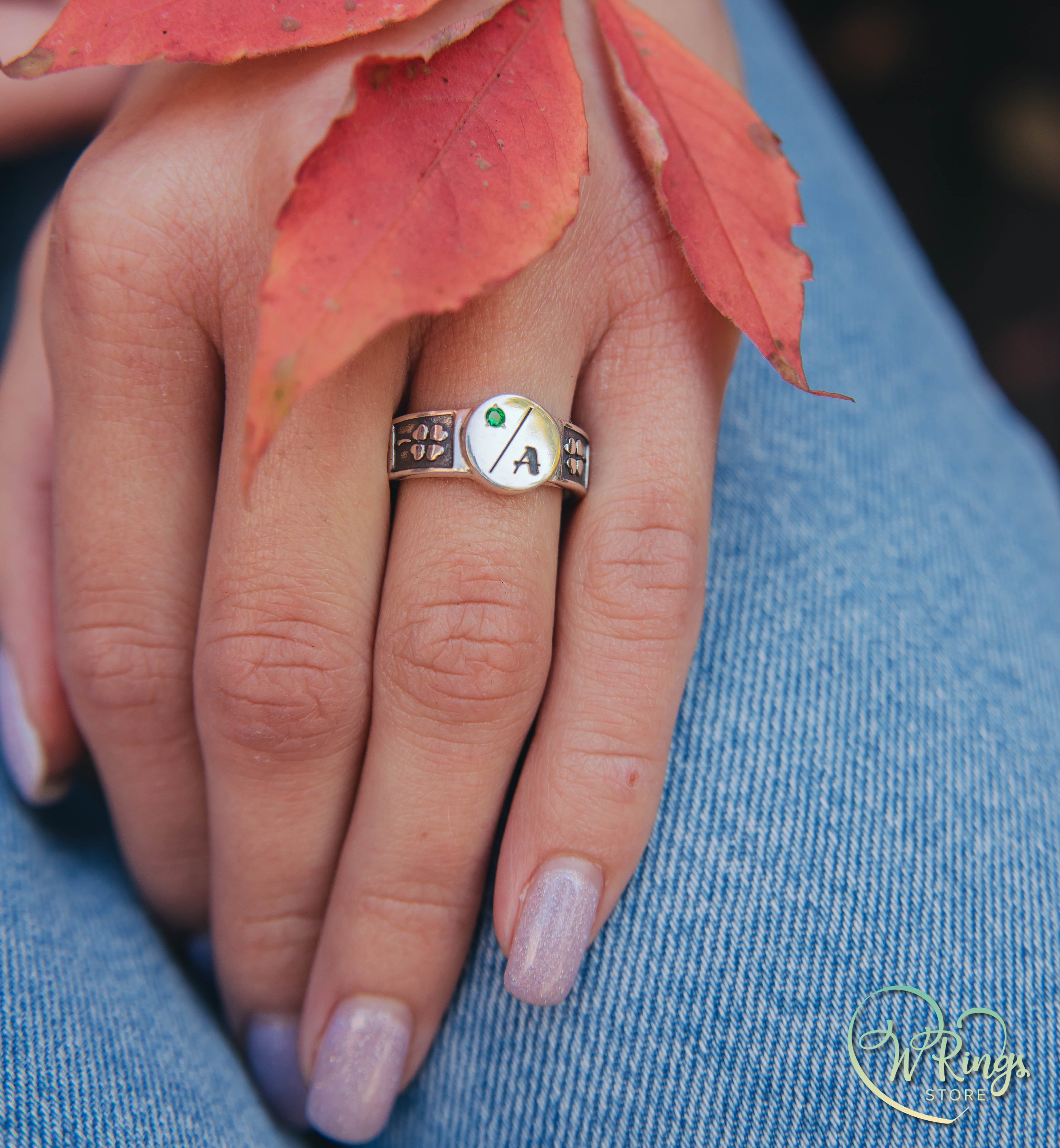 Сustom Letter A & Emerald on Round Silver Signet Ring and Side Leaves