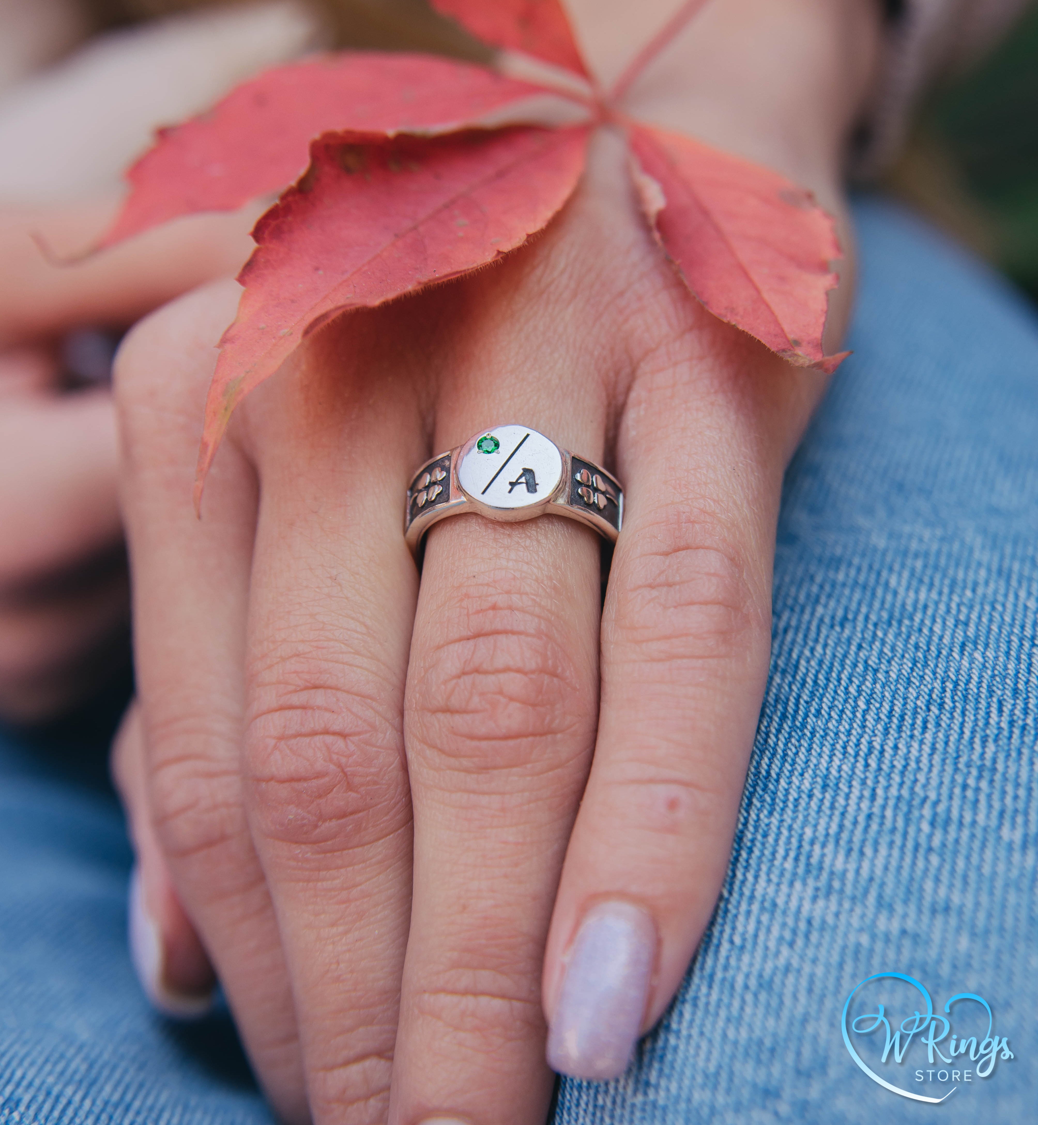 Сustom Letter A & Emerald on Round Silver Signet Ring and Side Leaves