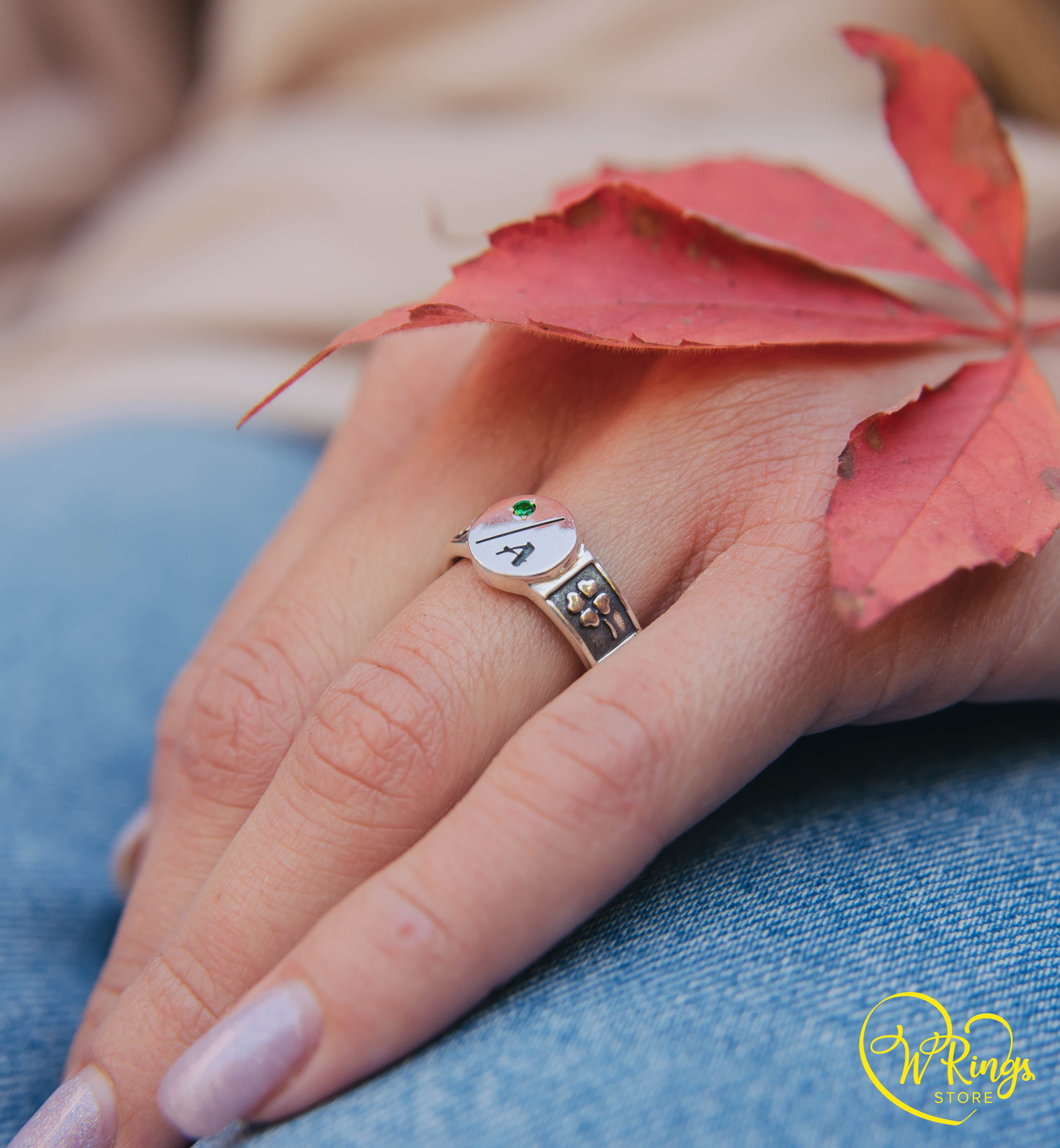 Сustom Letter A & Emerald on Round Silver Signet Ring and Side Leaves