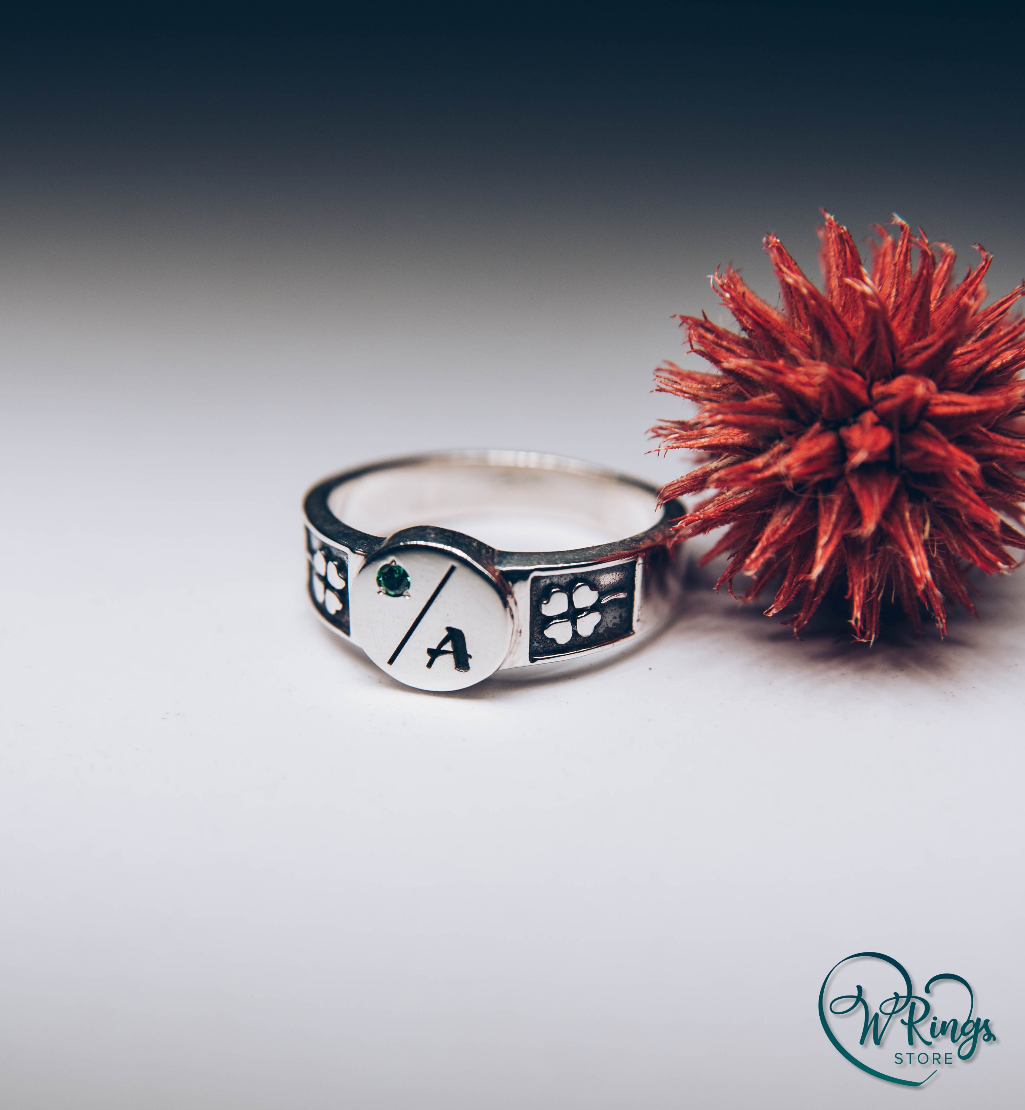 Сustom Letter A & Emerald on Round Silver Signet Ring and Side Leaves